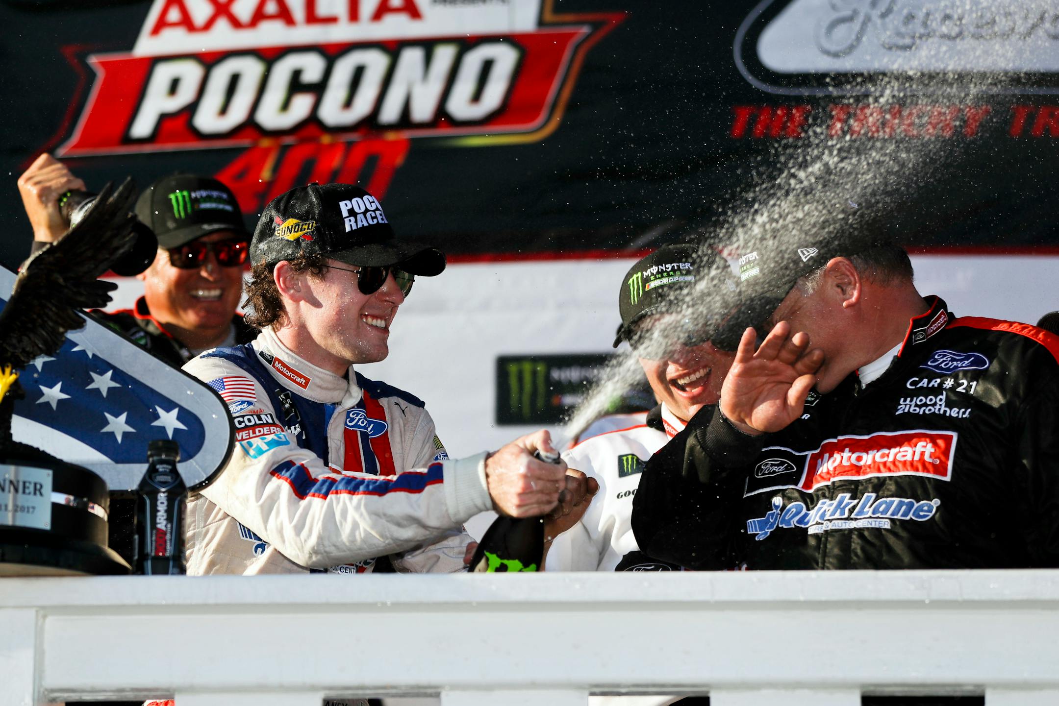 Ryan Blaney celebrated in Victory Lane after winning the NASCAR Cup Series Pocono 400 on Sunday.
