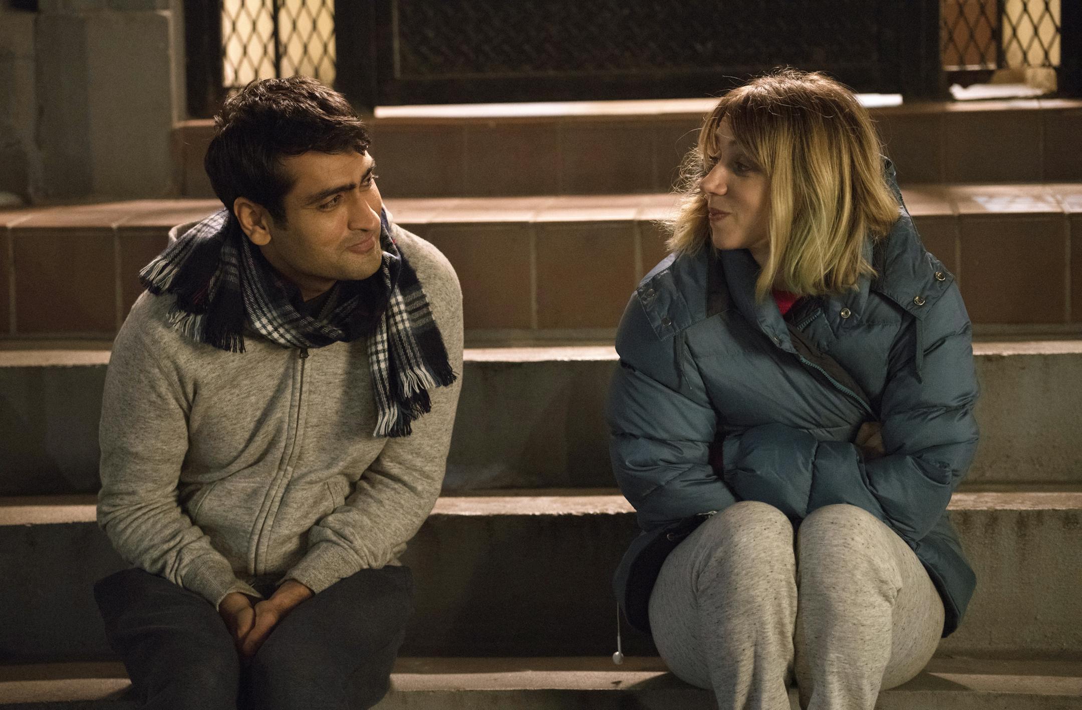 In this image released by Lionsgate, Kumail Nanjiani, left, and Zoe Kazan appear in a scene from,"The Big Sick." The film, written by Nanjiani and his wife Emily Gordon, chronicles their relationship from the start, when the Pakistan-born Nanjiani was trying to make it as a stand-up in Chicago and Gordon was in a coma. (Sarah Shatz/Lionsgate via AP)