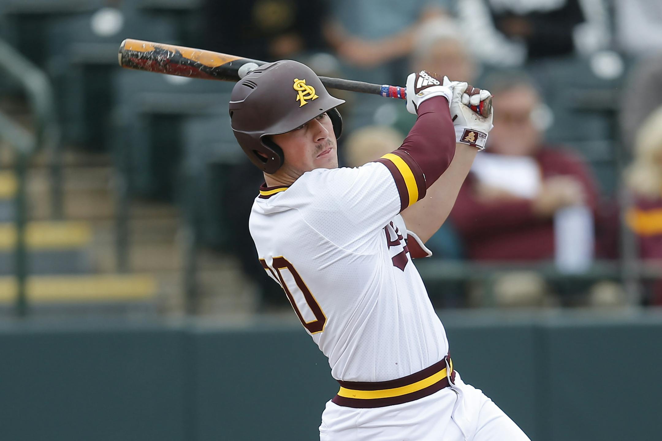 FILE - In this Feb. 17, 2019, file photo, Arizona State's Spencer Torkelson bats during an NCAA college baseball game against Notre Dame in Phoenix. The Detroit Tigers are rebuilding around an impressive group of minor league pitchers. Now, it might be time to add a star hitting prospect to the mix. Whether it's Arizona State slugger Spencer Torkelson or somebody else, Detroit has a chance to add another potential standout when it makes the No. 1 selection in Wednesday night's Major League Baseb