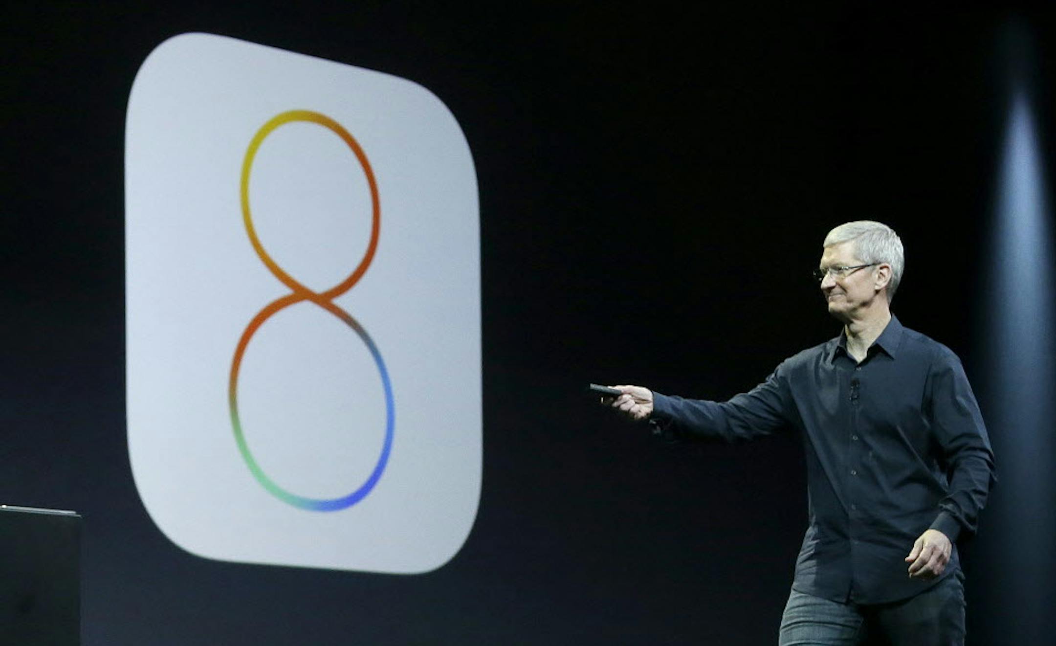 Apple CEO Tim Cook speaks about iOS 8 at the Apple Worldwide Developers Conference in San Francisco, Monday, June 2, 2014. (AP Photo/Jeff Chiu)