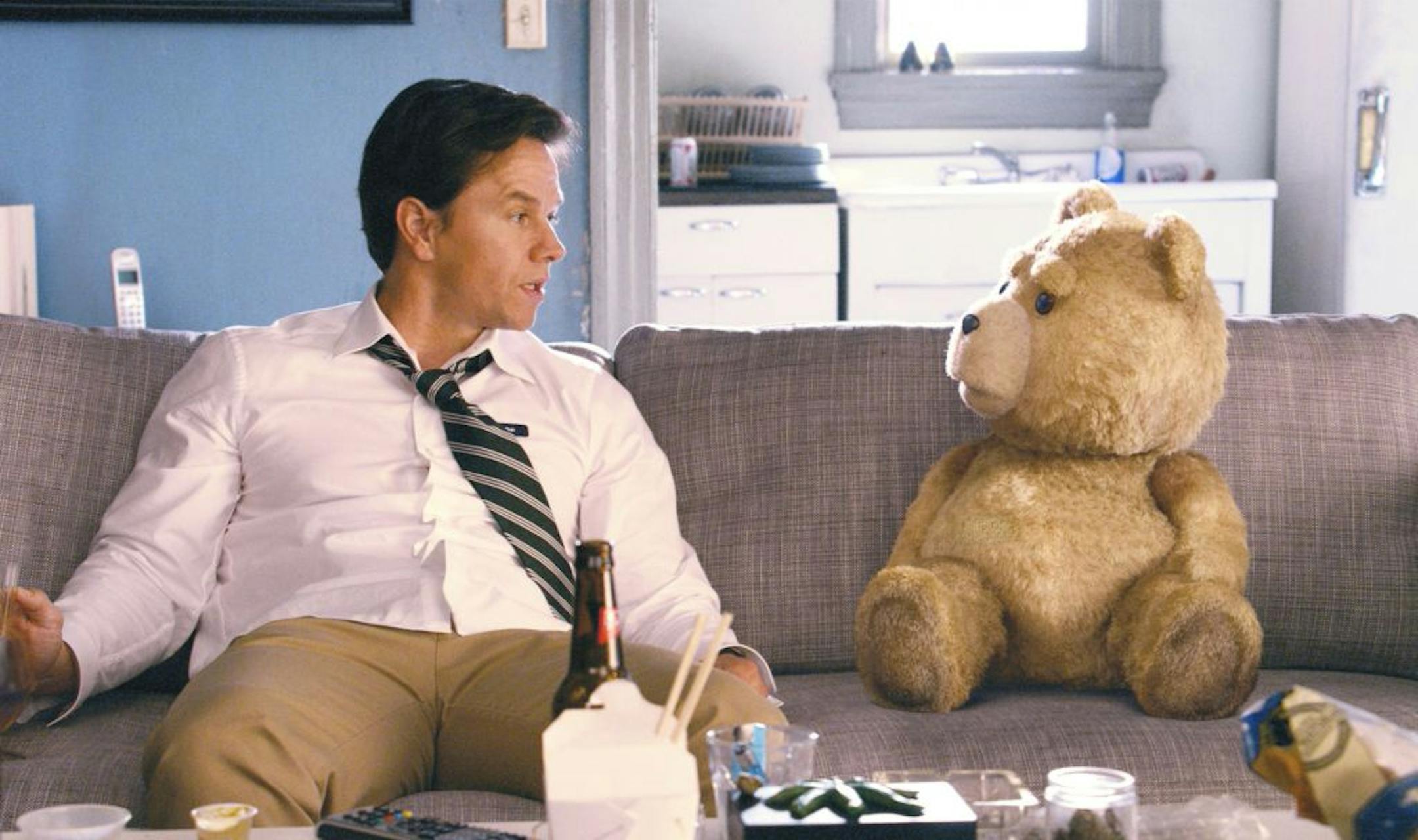 Universal Pictures/Tippett Studio John (MARK WAHLBERG) hangs out with his best friend, Ted (voiced by SETH MACFARLANE), in the live action/CG-animated comedy "Ted".