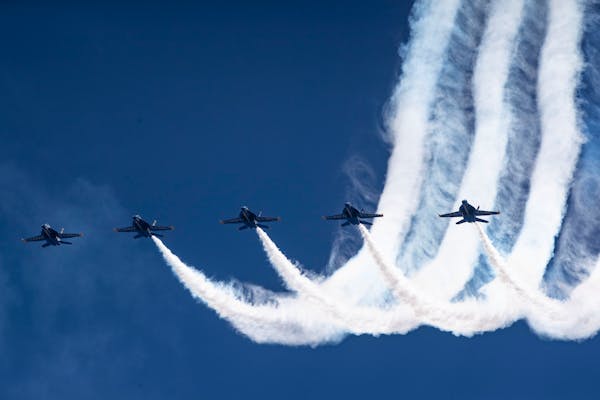 The Blue Angels precision flying team practiced before headlining this year's Duluth Airshow.