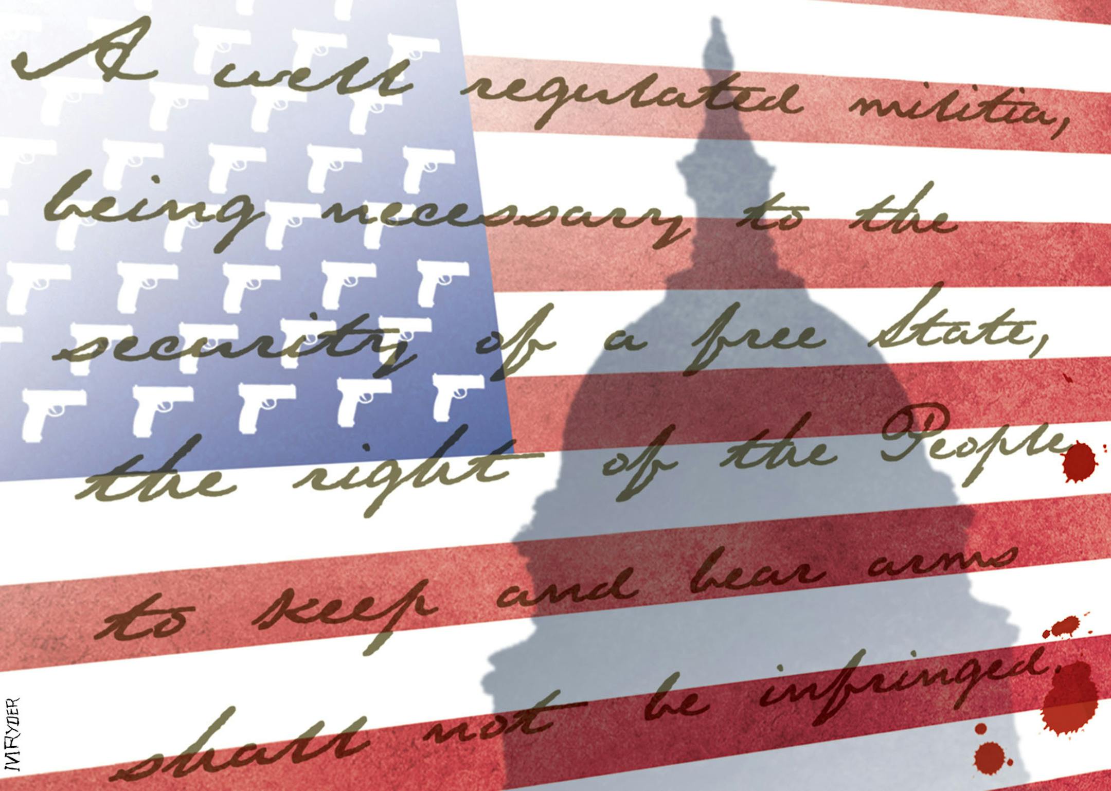 Illustration: This artwork by M Ryder relates to the proliferation of guns in the U.S. and their impact on citizen safety.