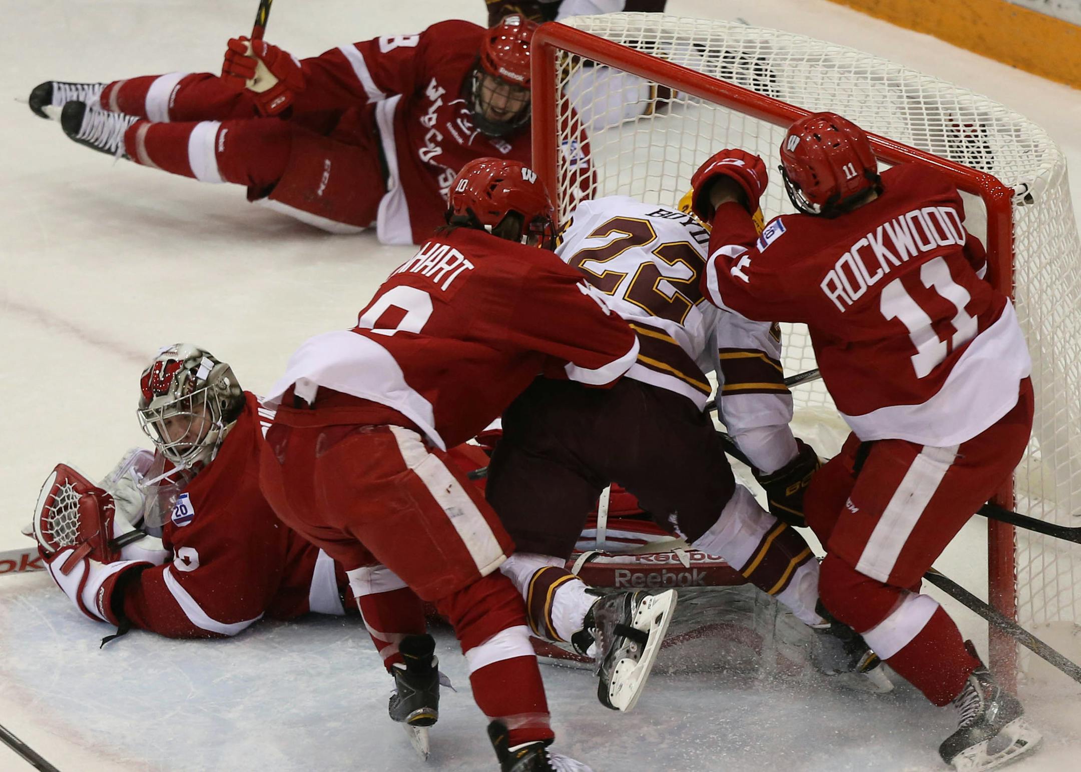 Gophers Travis Boyd scored his second goal on a rebound during the first period. ] (KYNDELL HARKNESS/STAR TRIBUNE) kyndell.harkness@startribune.com Gophers vs Wisconsin at Mariucci Arena in Minneapolis Min., Saturday, January 17, 2014.