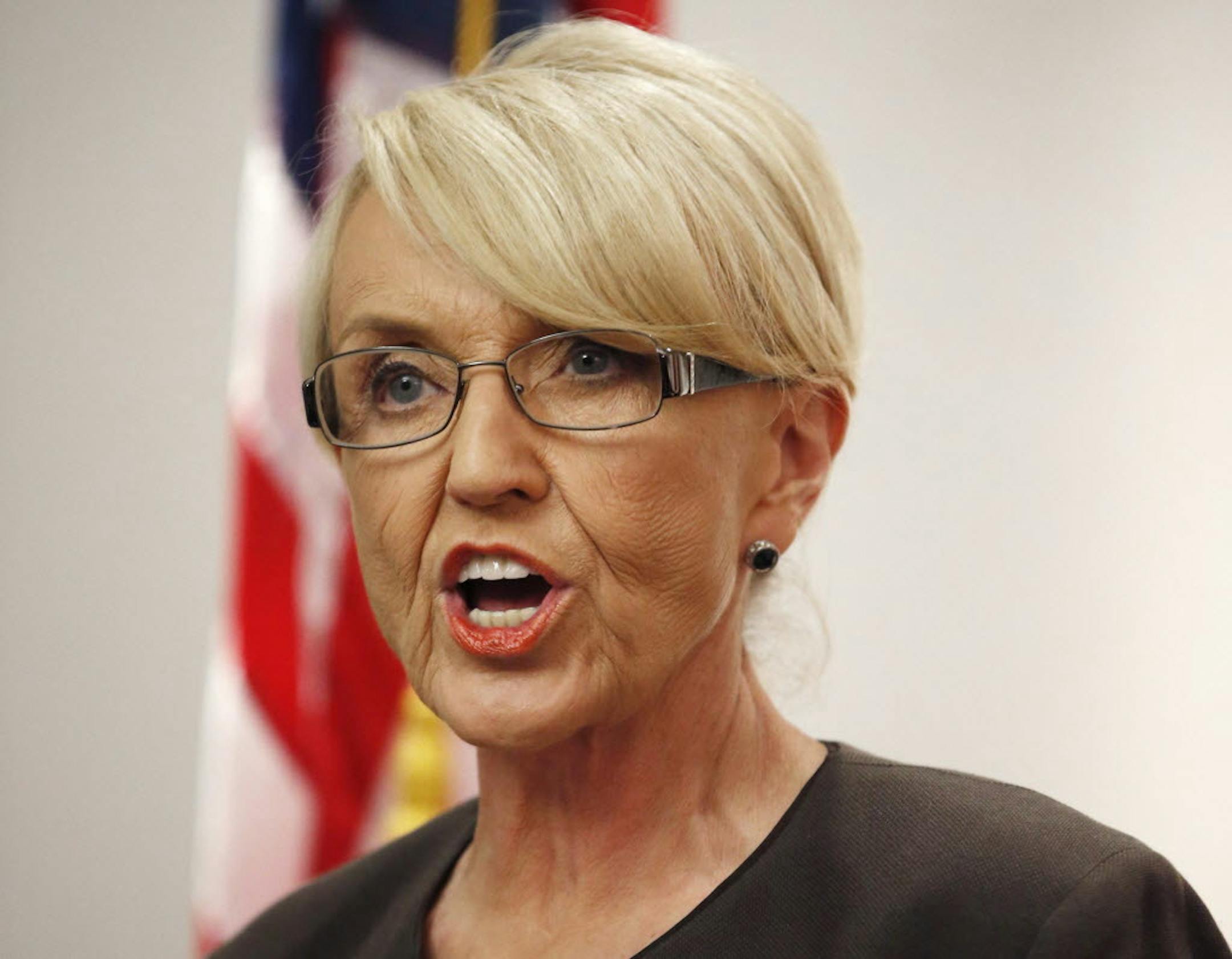 Feb. 26, 2014: Arizona Republican Gov. Jan Brewer speaks at a news conference announcing she has vetoed SB1062, a bill designed to give added protection from lawsuits to people who assert their religious beliefs in refusing service to gays.