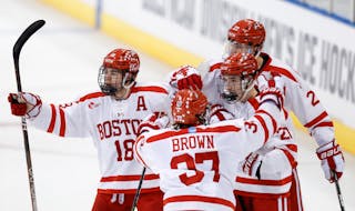 Boston University celebrated a goal against Western Michigan during the NCAA Manchester regional.