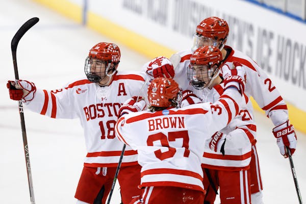 Boston University celebrated a goal against Western Michigan during the NCAA Manchester regional.
