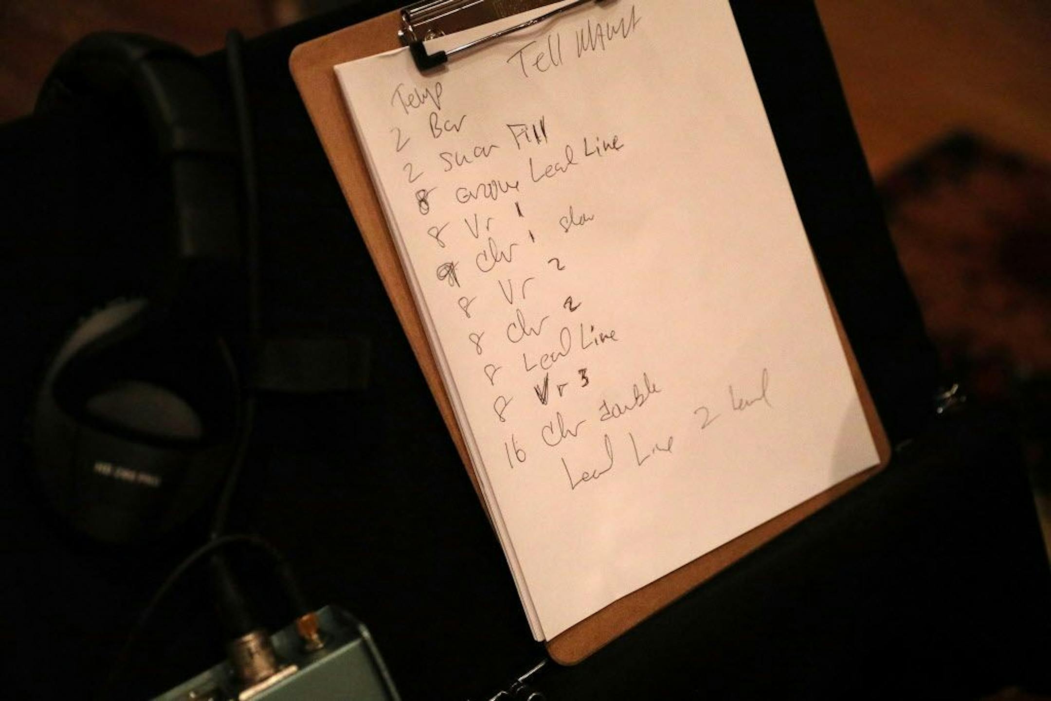 Notes sat near a drum set in Studio A in the former Flyte Tyme Studios.
