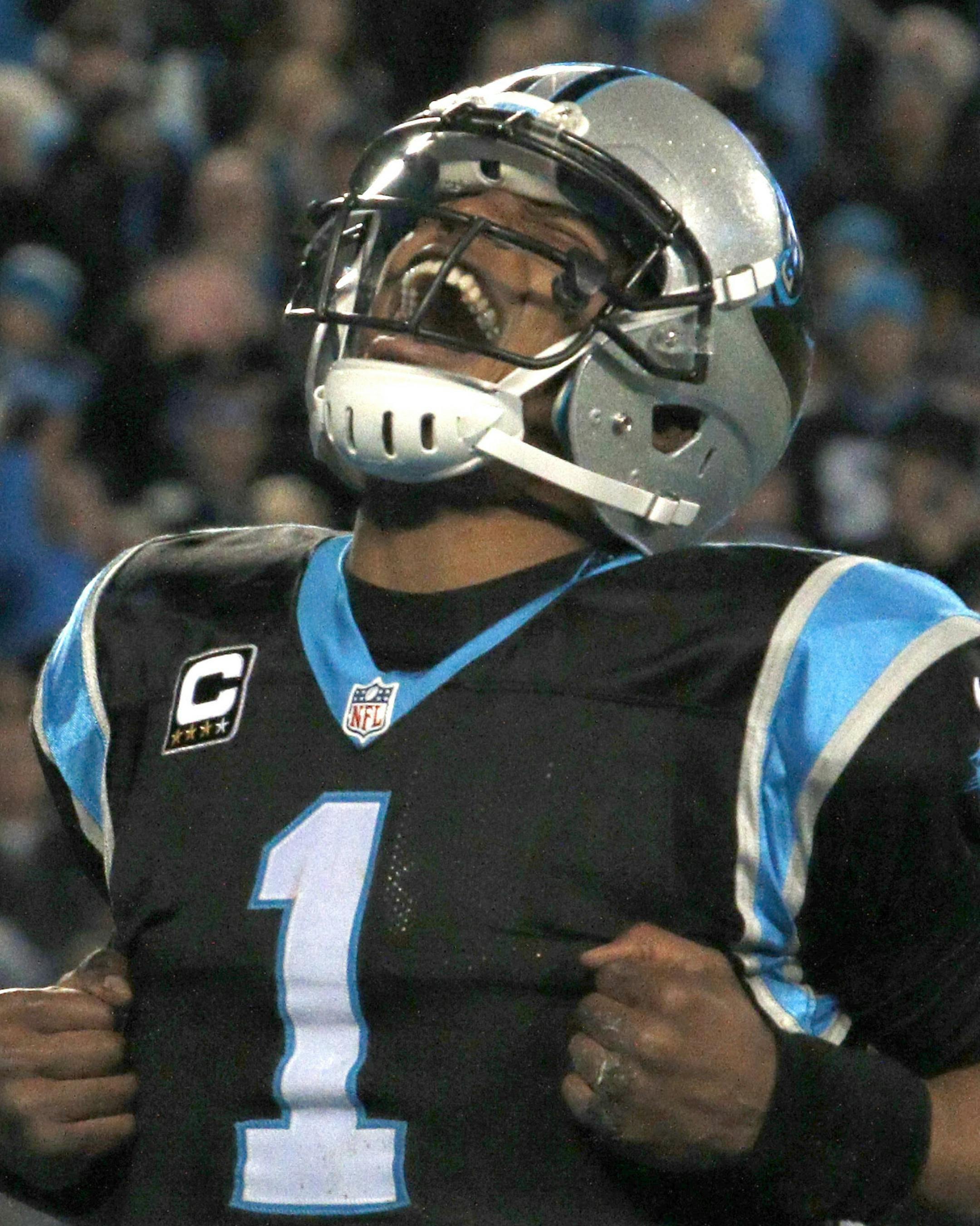 Carolina Panthers quarterback Cam Newton (1) celebrates his touchdown run against the Tampa Bay Buccaneers in the second half of an NFL football game in Charlotte, N.C., Sunday, Jan. 3, 2016. (AP Photo/Bob Leverone) ORG XMIT: NCCB122