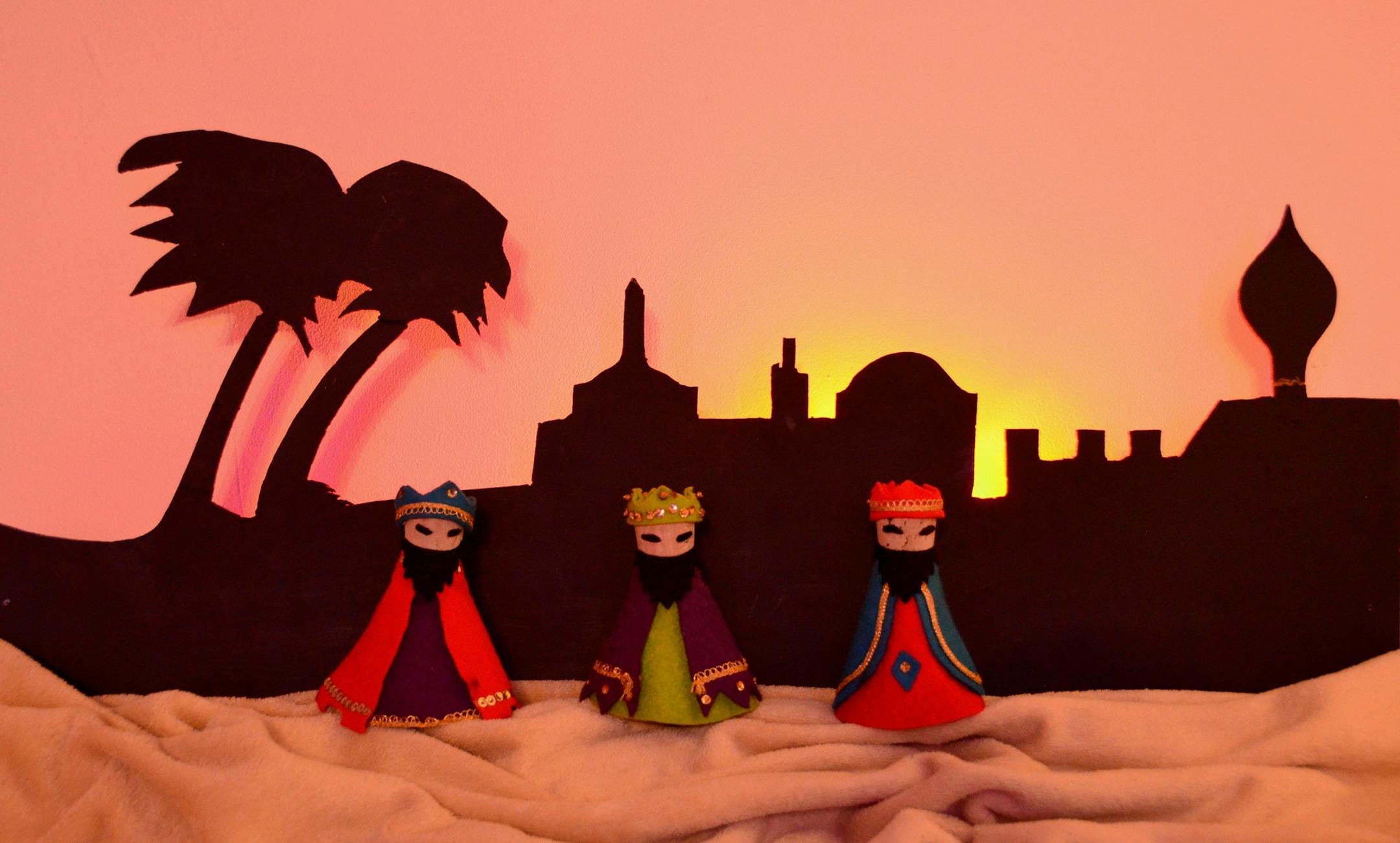 Susan Esbjornson, Minneapolis When my sister Karen was in the fourth grade, she made replicas of the Three Wise Men out of felt and sequins with cork for heads. Our Dad, a theatre director at the high school and community theatre, decided they needed context. He created a silouhette of the City of Bethlehem, with backlighting, so they would have a destination to travel to. For the next fifty years they were lovingly taken out of their box in the attic and displayed every Christmas at our parents