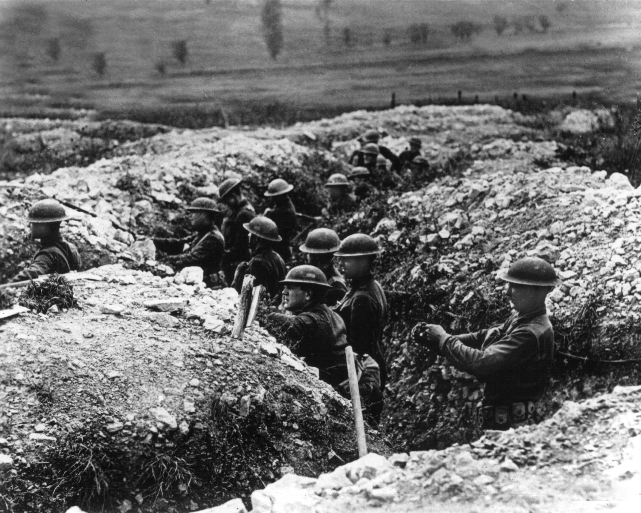 United States Army troops stand in the trenches in France during World War I. On June 28, 1914, Archduke Franz Ferdinand of Austria and his wife were assassinated in Sarajevo, Bosnia. As a result, Germany declared war on Russia on August 1, 1914, with England and Belgium entering the war days later. Under President Woodrow Wilson, the United States declared war on April 6, 1917 to make the world "safe for democracy." More than nine million people died before Armistice Day, Nov. 11, 1918. (AP Pho