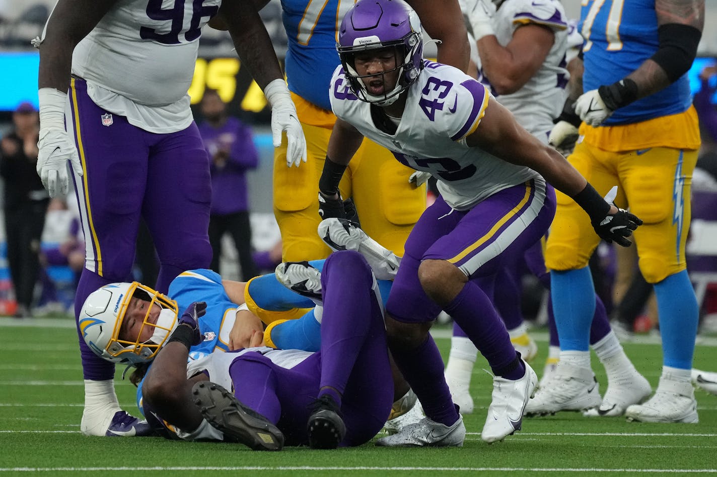 Minnesota Vikings safety Camryn Bynum (43) celebrated after he sacked Los Angeles Chargers quarterback Justin Herbert (10) in the third quarter of an NFL game between the Minnesota Vikings and the Los Angeles Chargers Sunday, Nov. 14, 2021 at SoFi Stadium in Inglewood, Calif. ] ANTHONY SOUFFLE • anthony.souffle@startribune.com