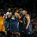 The Lynx players on the floor gathered for a huddle after Lynx forward Maya Moore (23) was fouled late in the fourth quarter on Game 4. At right are M