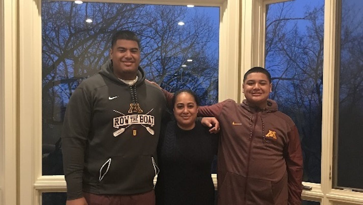 Daniel Faalele (pictured with his mother, Ruth, and brother, Taylor), all 6-9 and 400 pounds of him, will start at right offensive tackle at Ohio State on Saturday, Gophers football coach P.J. Fleck confirmed.