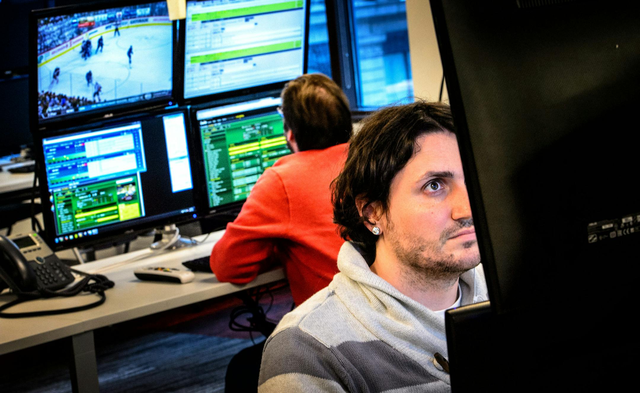 Andrew Thompson kept an eye on a game which he was reporting statistics for. ] GLEN STUBBE * gstubbe@startribune.com Tuesday, April 21, 2015 Sportradar US has just signed a big deal with the NFL to collect and distribute stats for the league. Sportradar US keeps detailed stats on 20,000 U.S. sports events each year from nine sports.