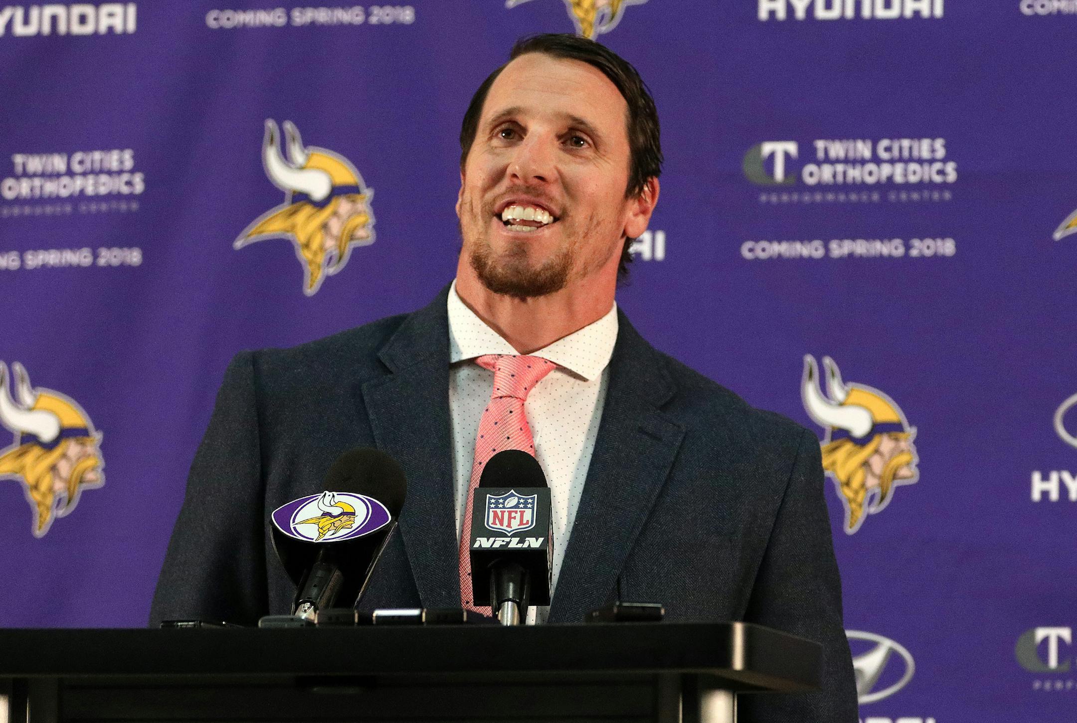 Minnesota Vikings linebacker Chad Greenway greeted members of the media at the start of the press conference. ] ANTHONY SOUFFLE ï anthony.souffle@startribune.com Minnesota Vikings linebacker Chad Greenway officially announced his retirement form the NFL during a press conference Tuesday, March 7, 2017 at the Vikings' Winter Park headquarters in Eden Prairie, Minn.