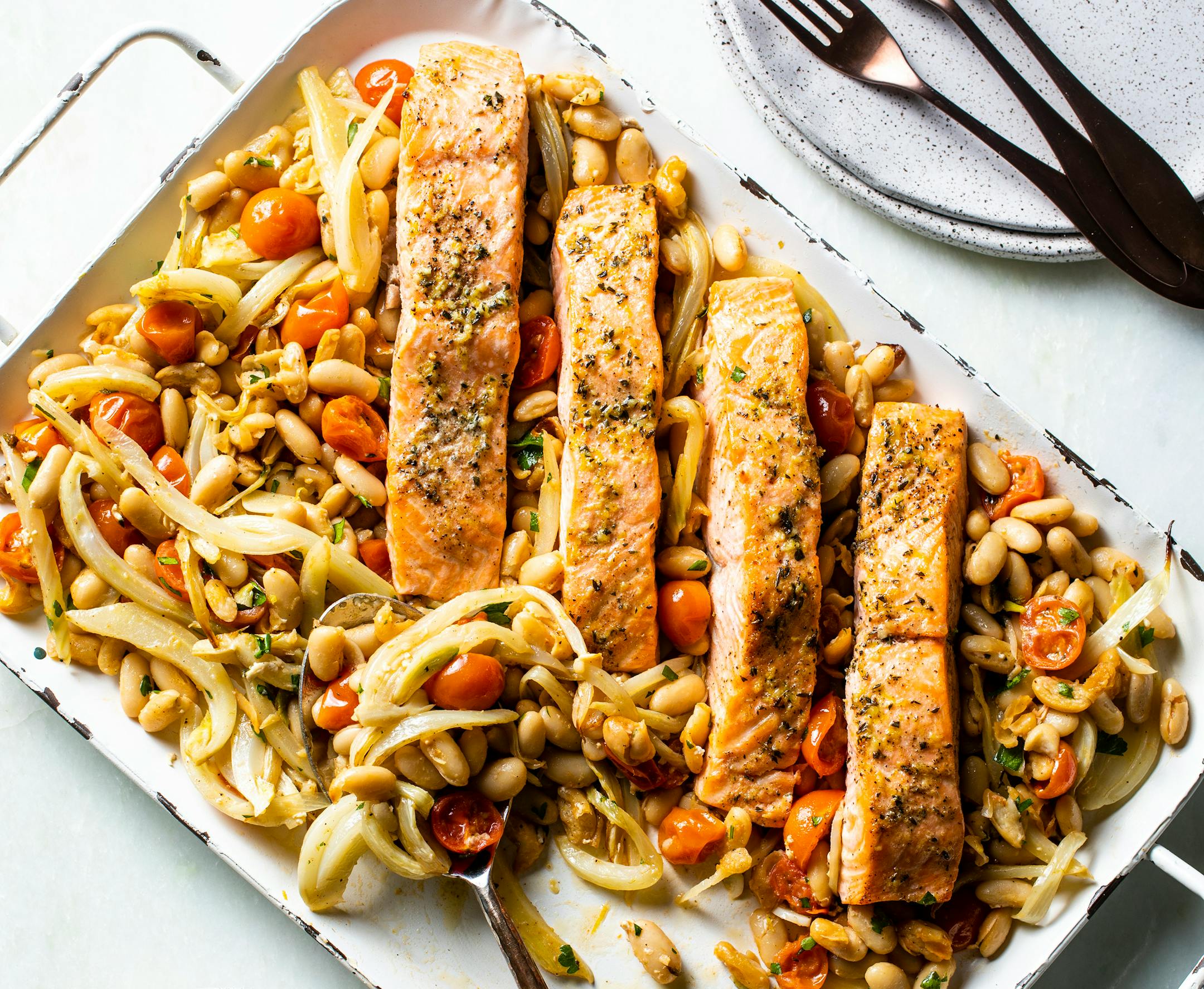 One-Pan Roasted Salmon with White Beans and Fennel, from "The Complete Modern Pantry" by America's Test Kitchen. Credit: Steve Klise