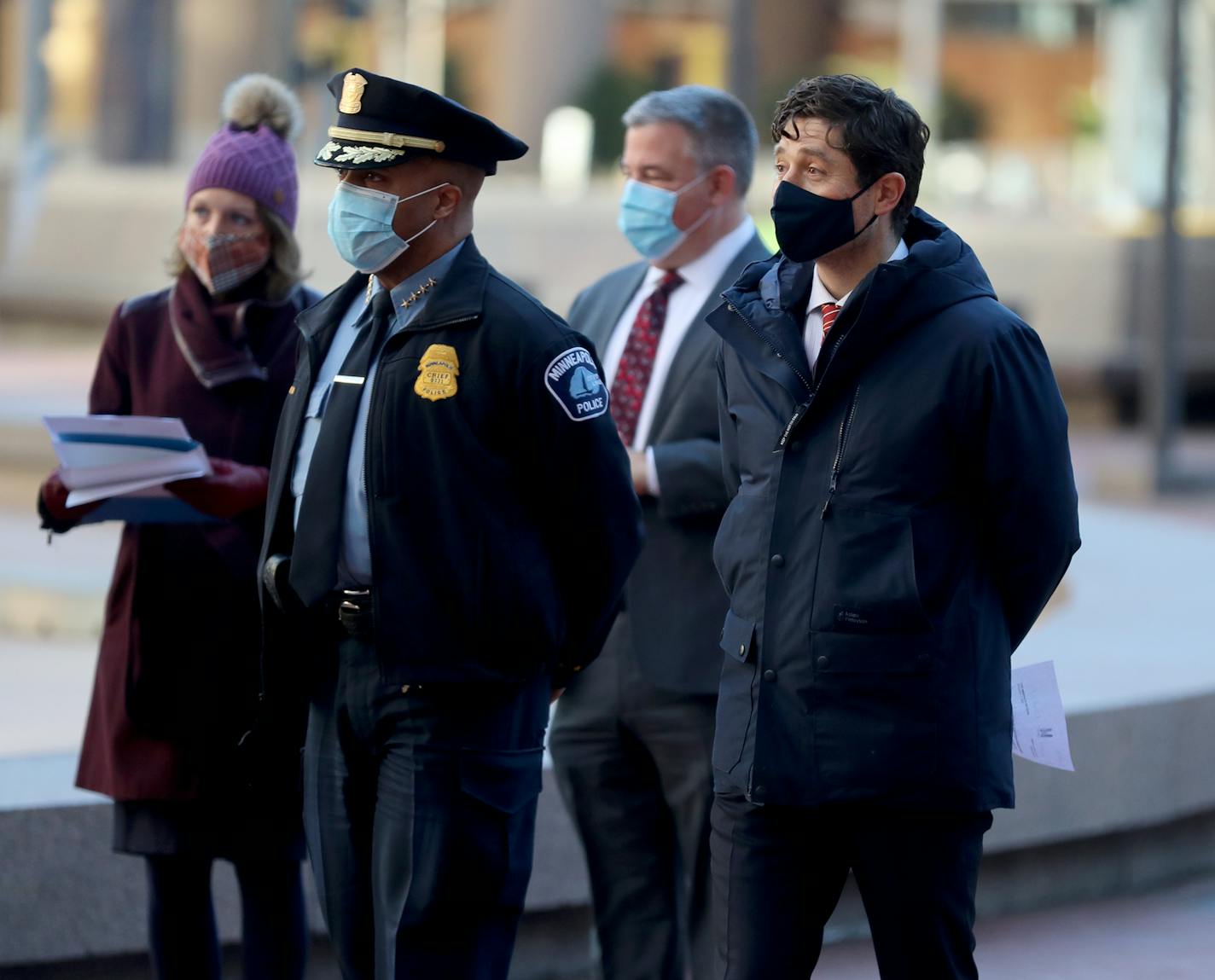 Minneapolis Mayor Jacob Frey and Police Chief Medaria Arradondo arrived at a news conference on police funding on Thursday, Dec. 3.