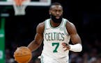 Boston Celtics' Jaylen Brown plays against the Detroit Pistons during the second half of an NBA basketball game, Monday, March 18, 2024, in Boston. (A