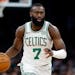 Boston Celtics' Jaylen Brown plays against the Detroit Pistons during the second half of an NBA basketball game, Monday, March 18, 2024, in Boston. (A