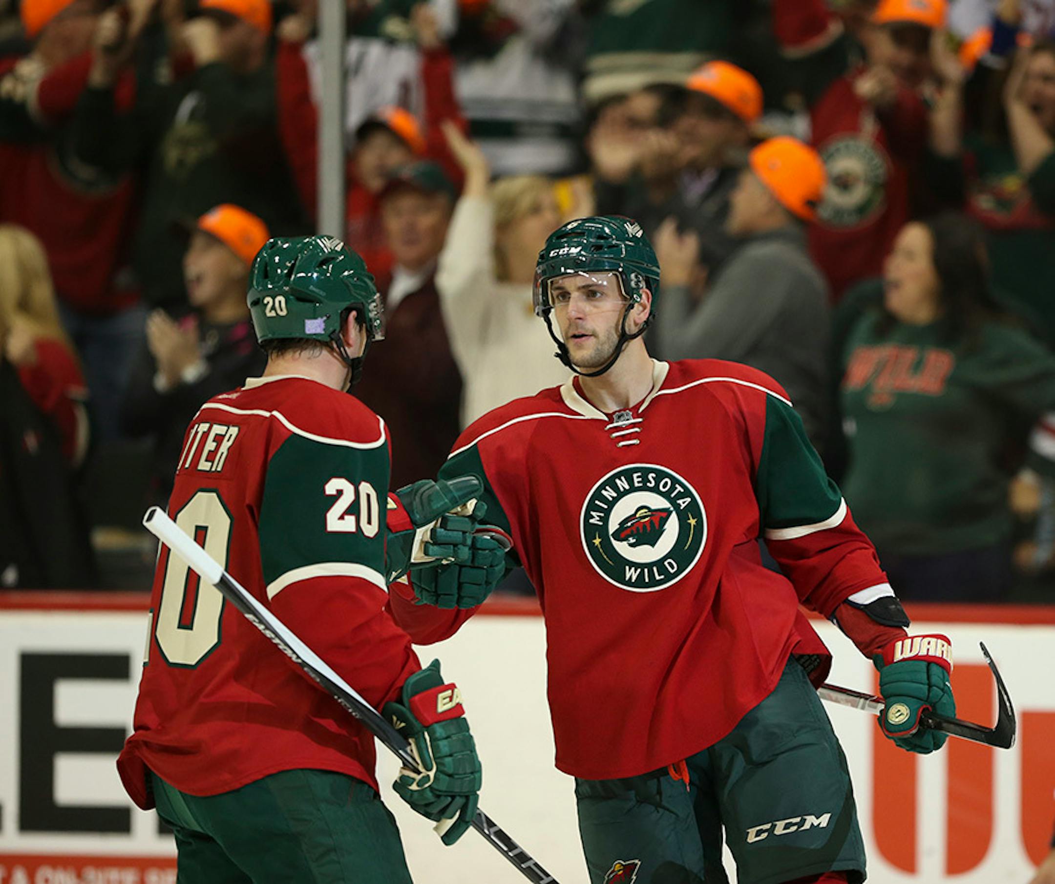 Wild defenseman Marco Scandella (6) was congratulated by defenseman Ryan Suter.