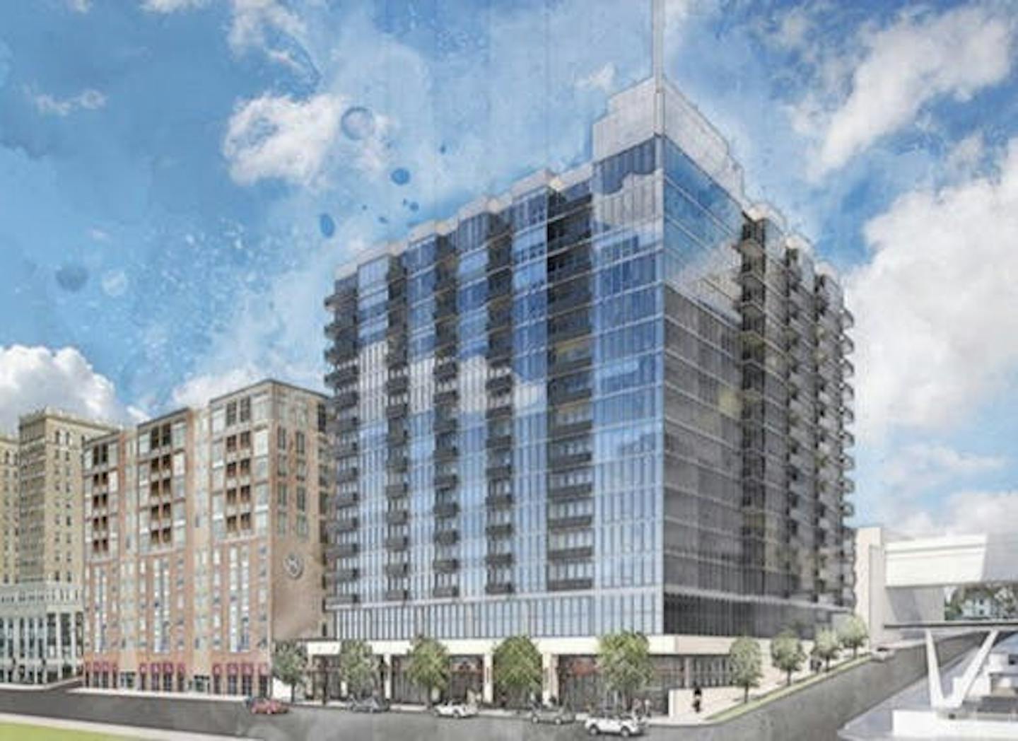 An artist&#x2019;s rendering shows a planned 15-story apartment building along East Supeior Street in downtown Duluth.