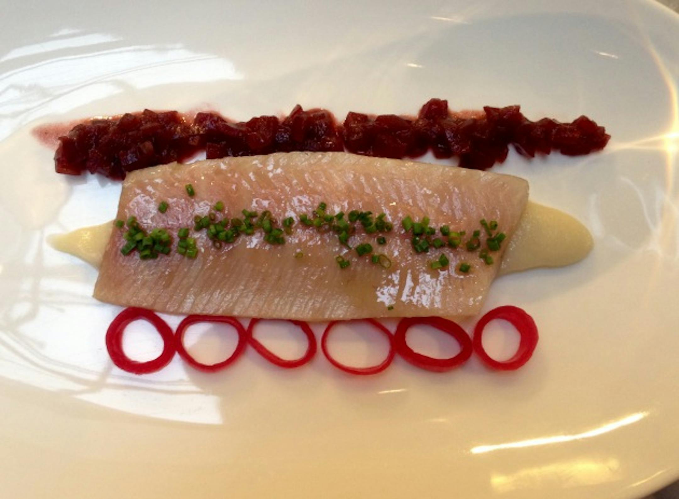 Smoked trout with onion puree and pickled onions