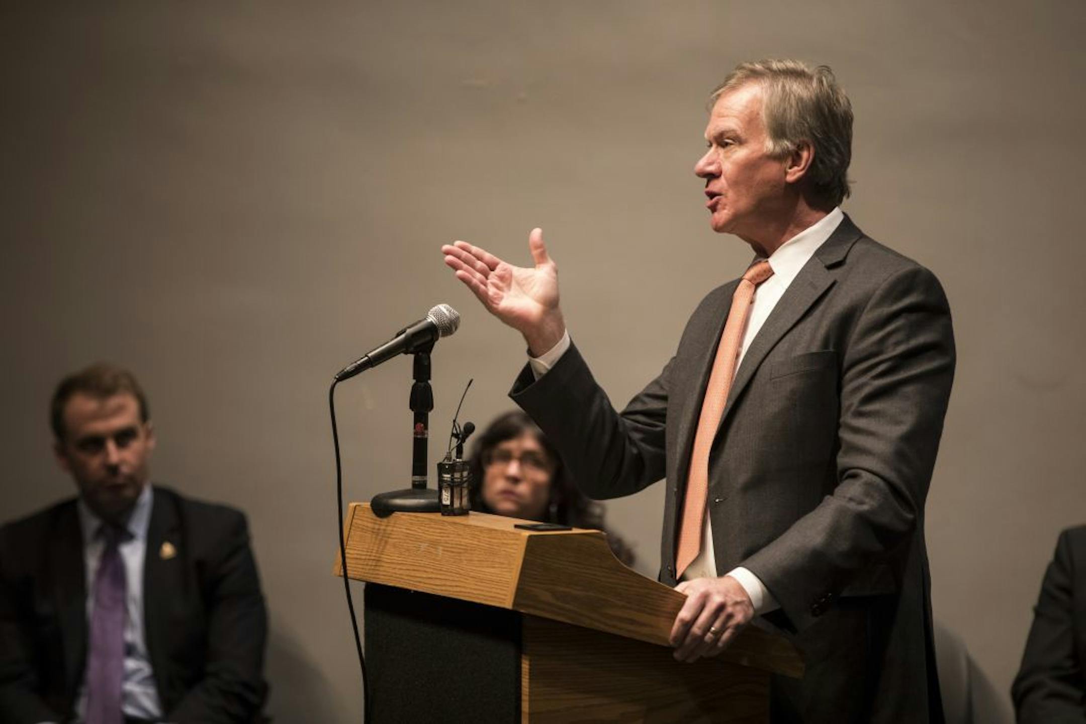 Mayor Chris Coleman spoke during an interfaith rally in reaction to recent bomb threats at JCCs here and around the country at the Highland Park Community Center on Thursday, March 2, 2017, in St. Paul, Minn.
