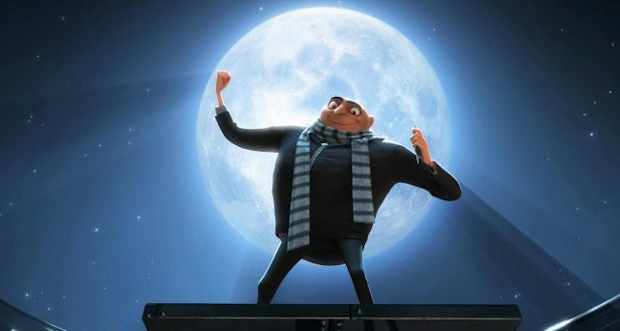 Gru, voiced by Steve Carell, tells his minions about their new mission to steal the moon in the 3-D CGI feature, "Despicable Me", about a villain who meets his match in three little girls.