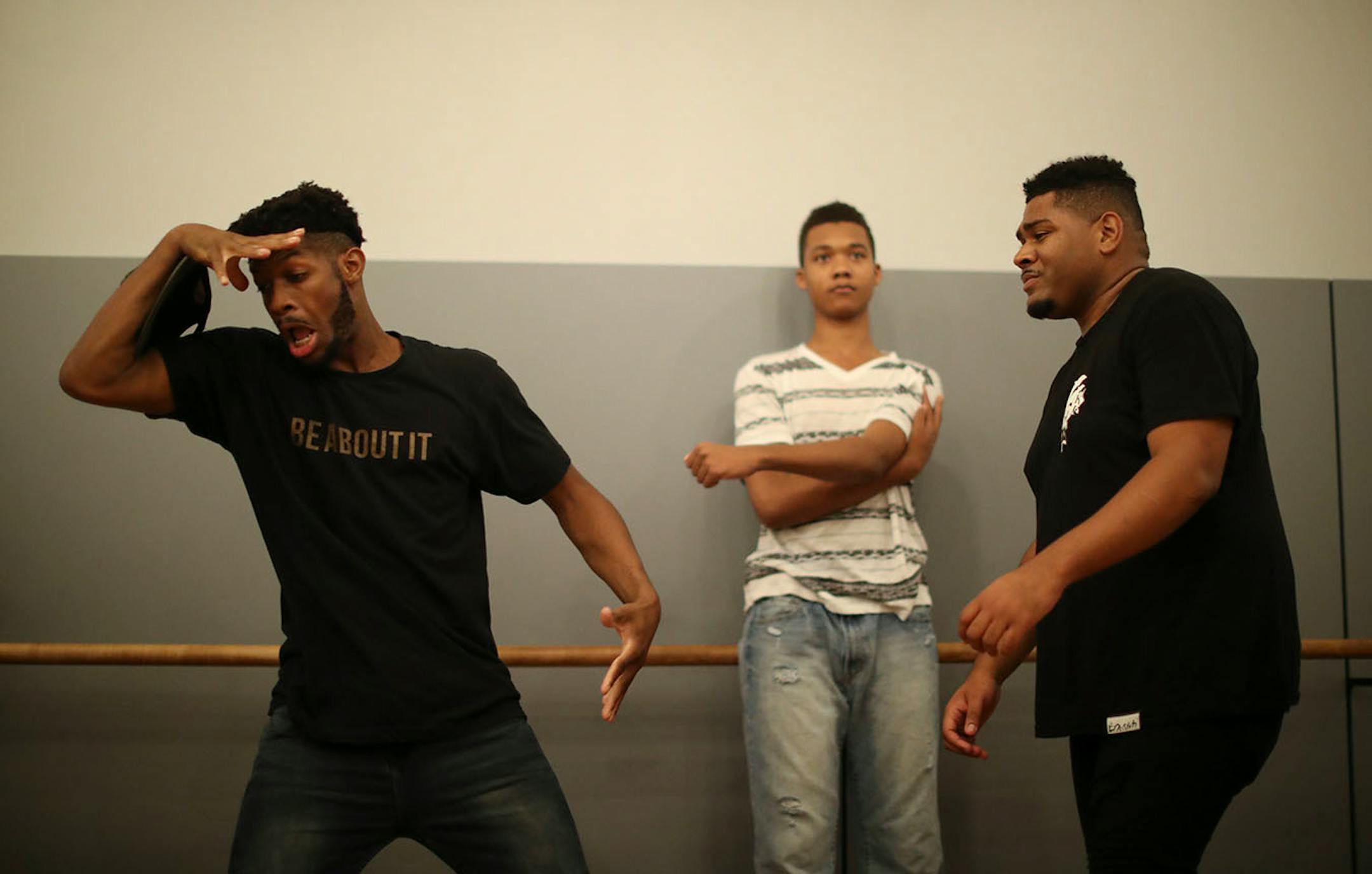 Herbert "Jus Herb" Johnson, left, showed Robert "Mosi" King some Krump moves during the jam session.