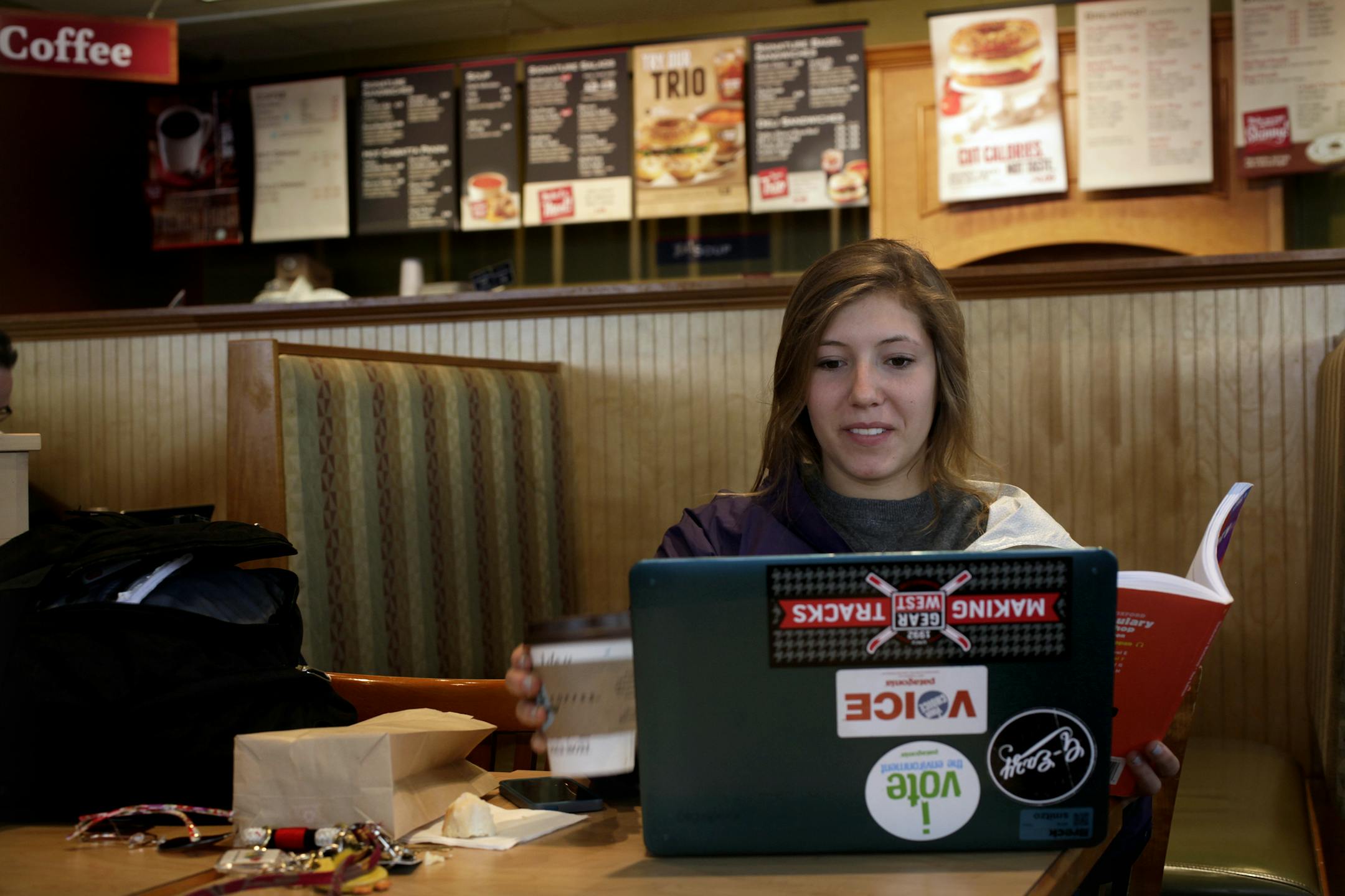 Zoe Smith of Mound, MN had a Caribou Coffee with her Brueggers Bagel at Brueggers at 1650 Park Place Blvd, St. Louis Park, MN on April 18, 2013. ] JOELKOYAMA‚Ä¢joel koyama@startribune.com