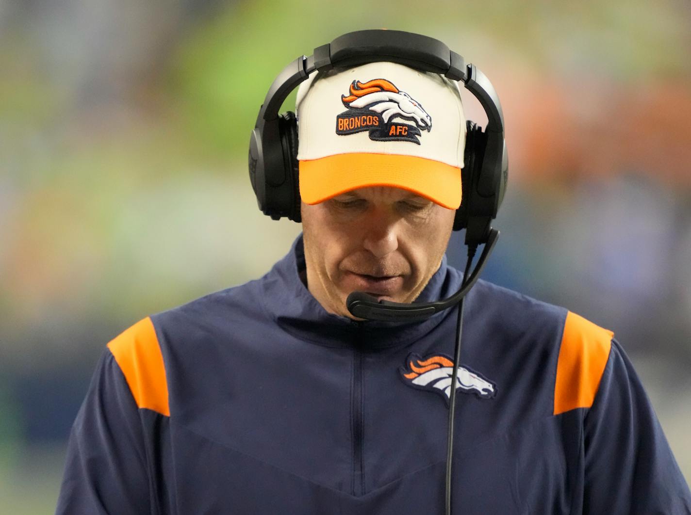 Denver Broncos head coach Nathaniel Hackett during an NFL football game against the Seattle Seahawks, Monday, Sept. 12, 2022, in Seattle, WA. The Seahawks defeated the Bears 17-16. (AP Photo/Ben VanHouten)