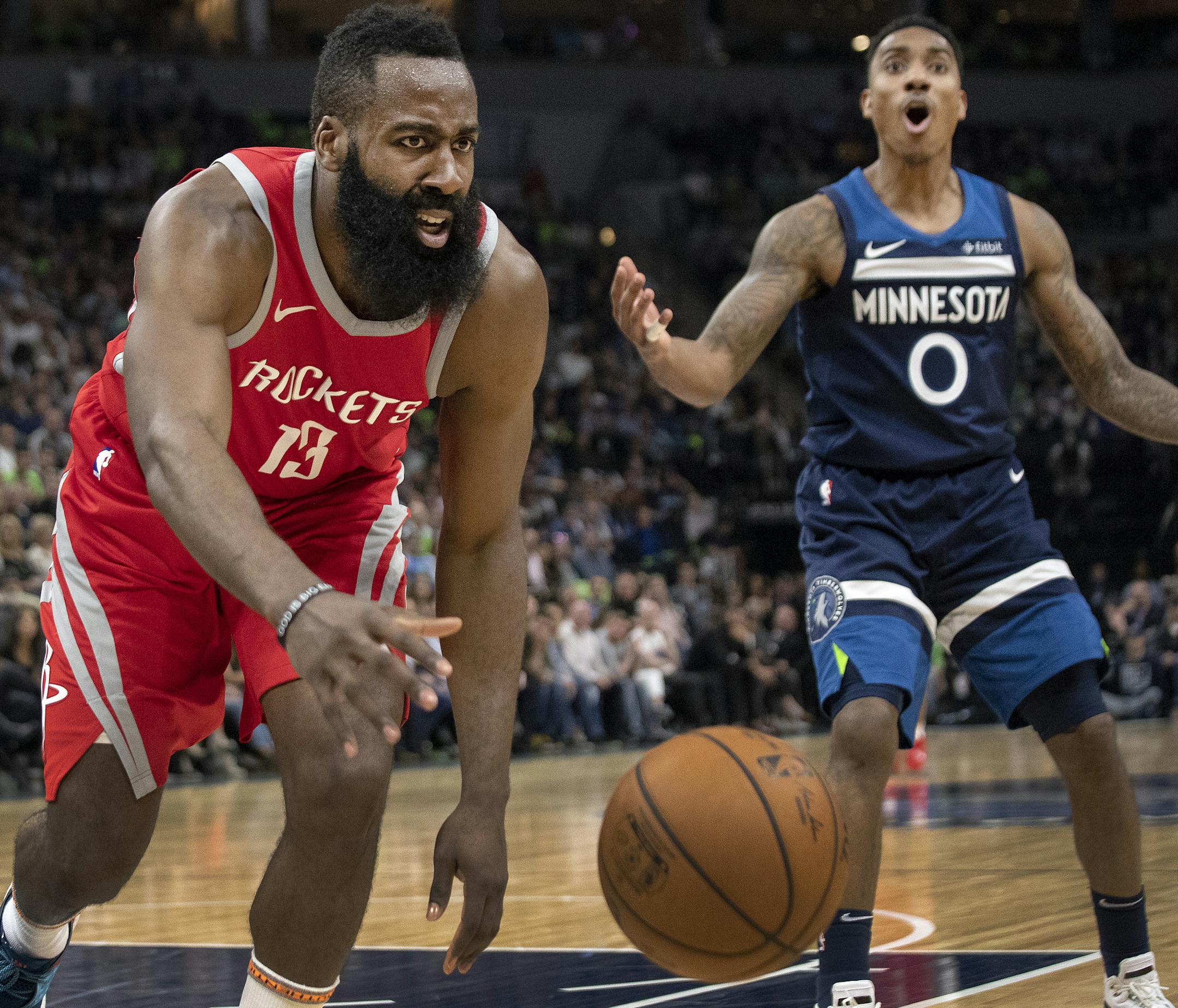 James Harden (13) was fouled in the third quarter. ] CARLOS GONZALEZ &#xef; cgonzalez@startribune.com &#xf1; April 23, 2018, Minneapolis, MN, Target Center, NBA Playoffs, Basketball, Minnesota Timberwolves vs. Houston Rockets, Game 4