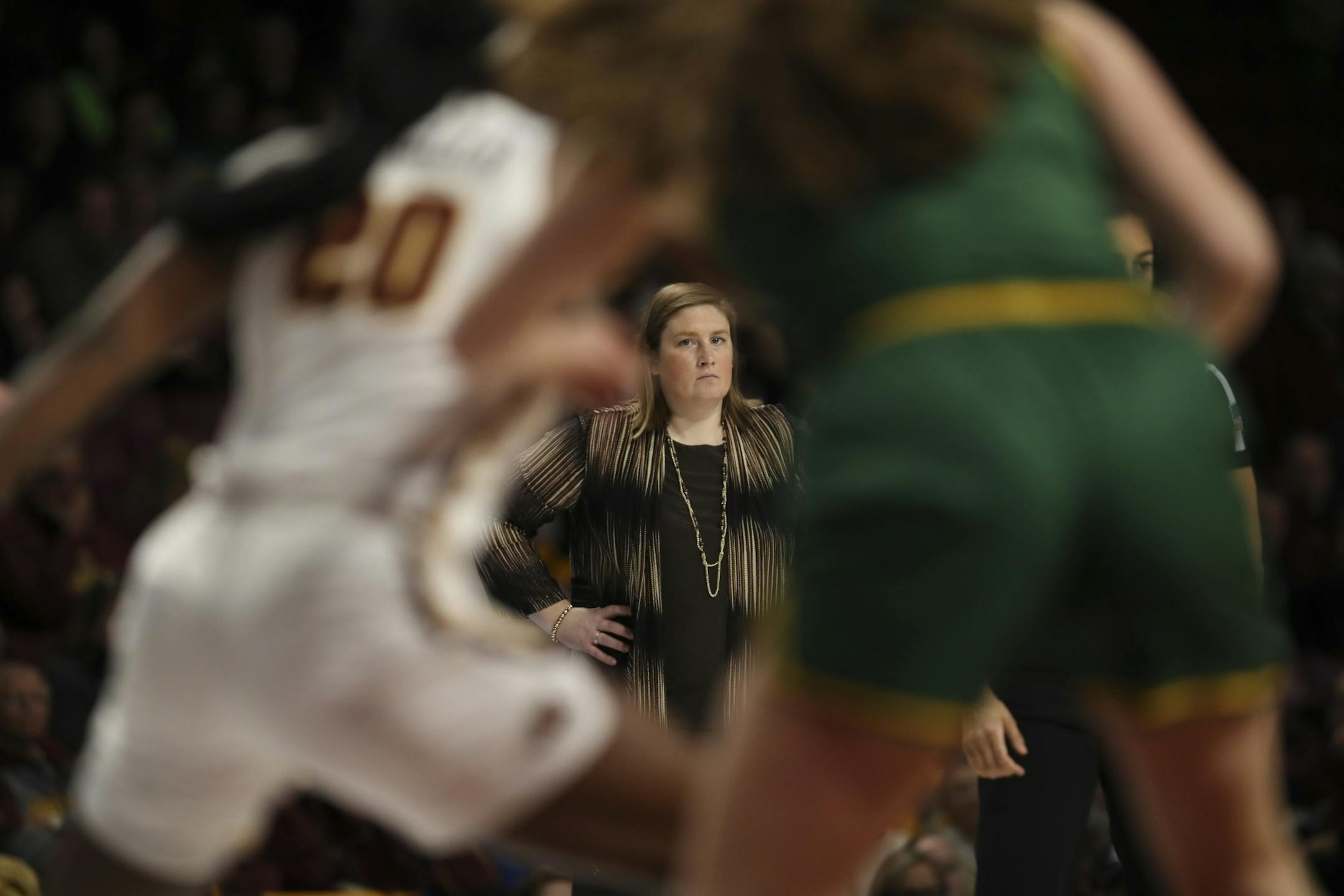 Minnesota Golden Gophers head coach Lindsay Whalen watched in the third quarter.