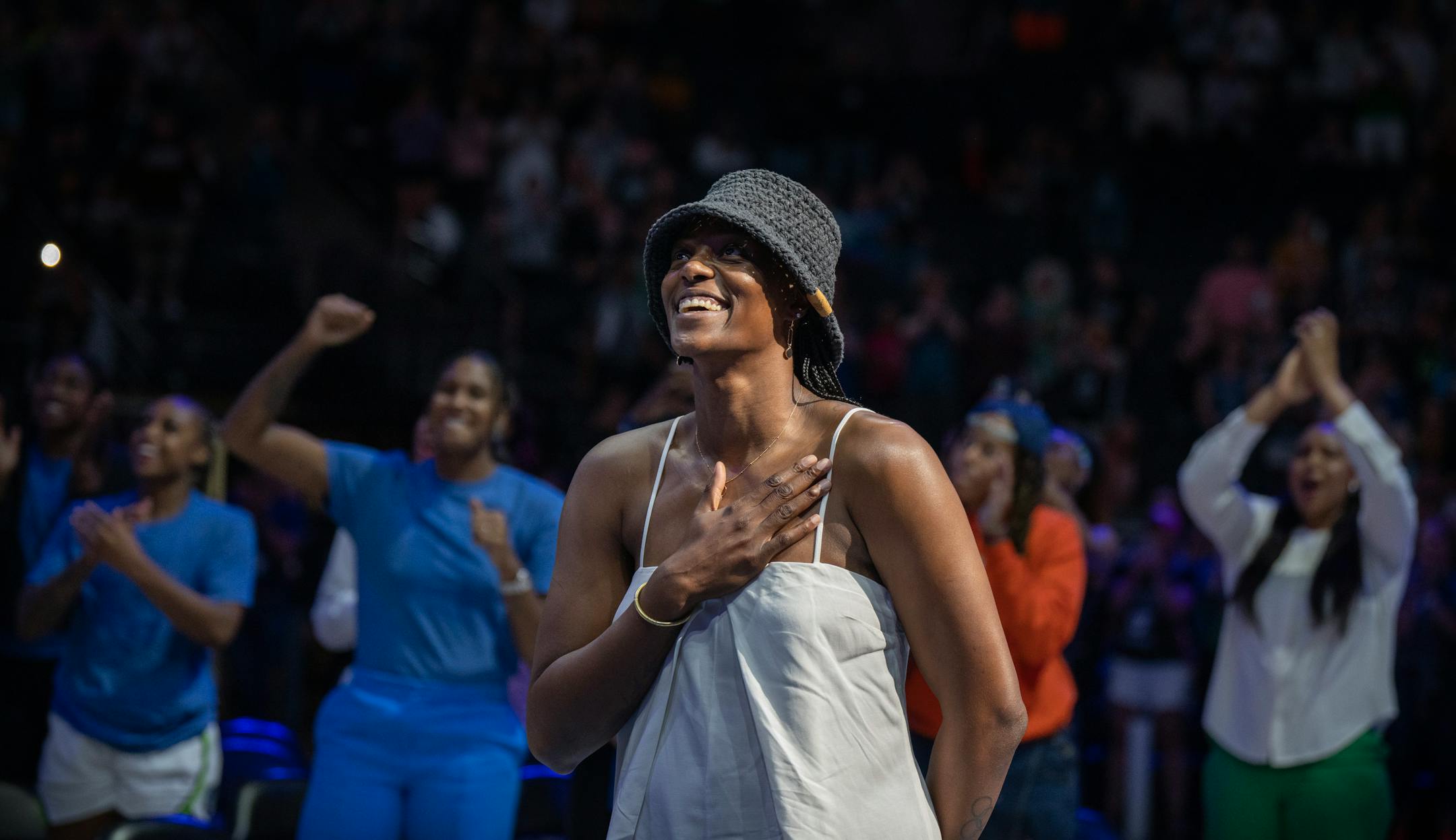 Former Minnesota Lynx center Sylvia Fowles reacted as she saw her number up in the rafters of Target Center.