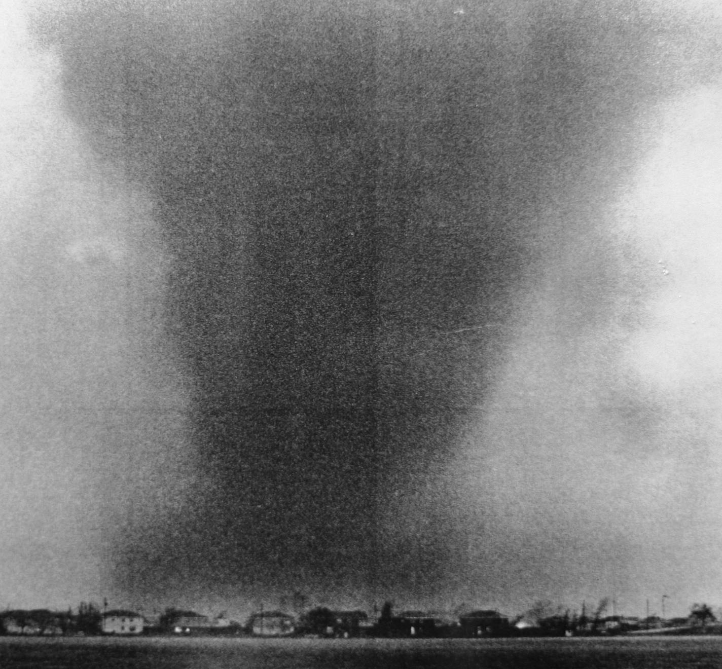 John Croft/Star Tribune file photo: A F4 tornado moves over Moore Lake heading straight for the Fridley Junior High School, Fridley, Minn., May 6, 1965. GENERAL INFORMATION: 3 fridley hs students from Mr. Jeff Bullard's Earth & Space class have come to gether to make a video documentary commemorating the 40th anniversary of the 1965 tornadoes in Fridley.