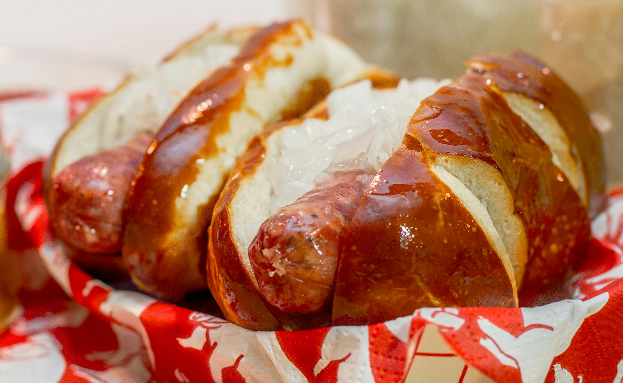 The Beer Brat Buddies are Oktoberfest beer brats in a German pretzel bun with sauerkraut, chopped onions and a choice of mustards at Sausage Sister & Me. Photo provided by Minnesota State Fair