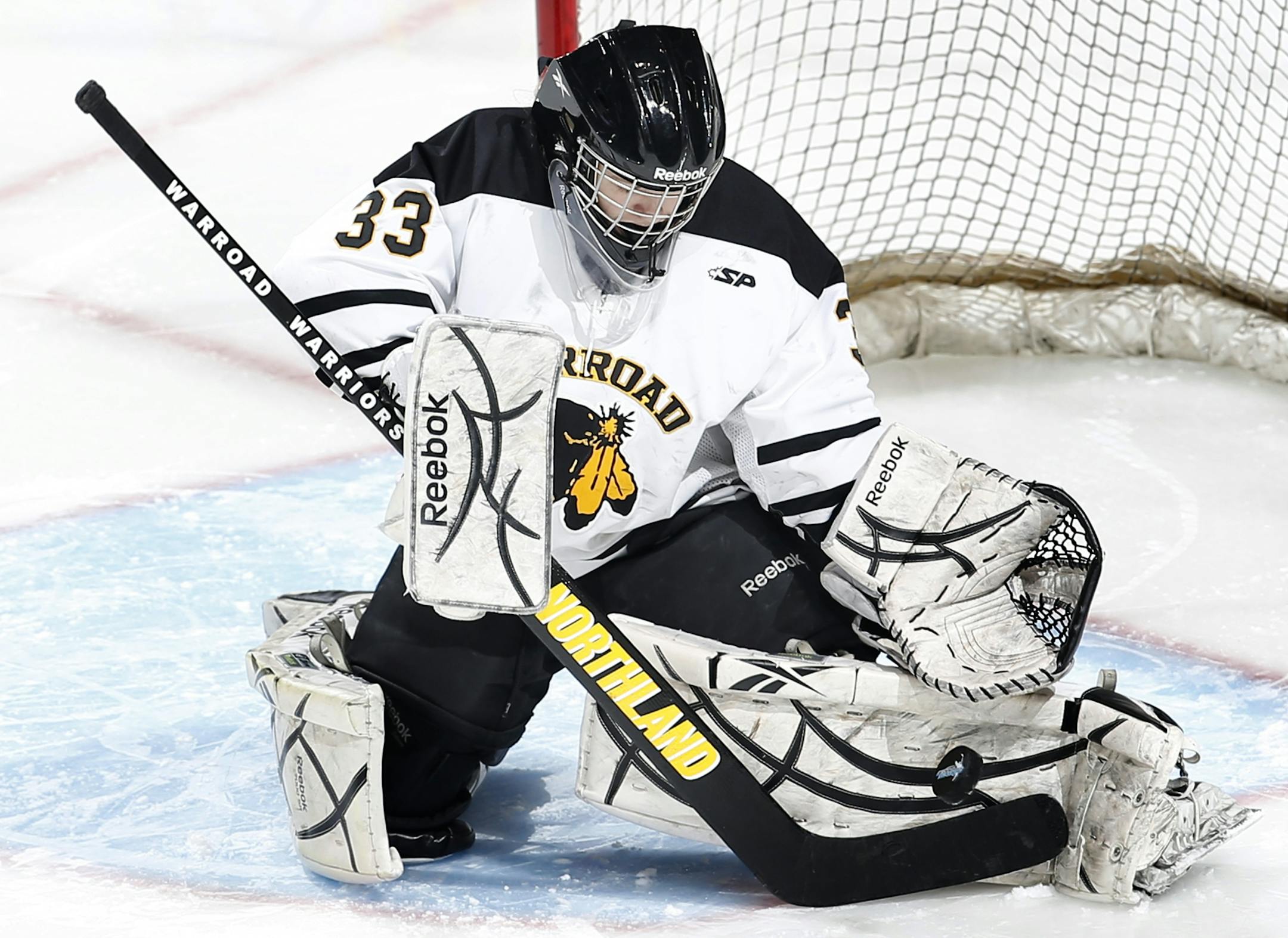 Warroad goalie Julia Schaefer (33) made a save in the third period.