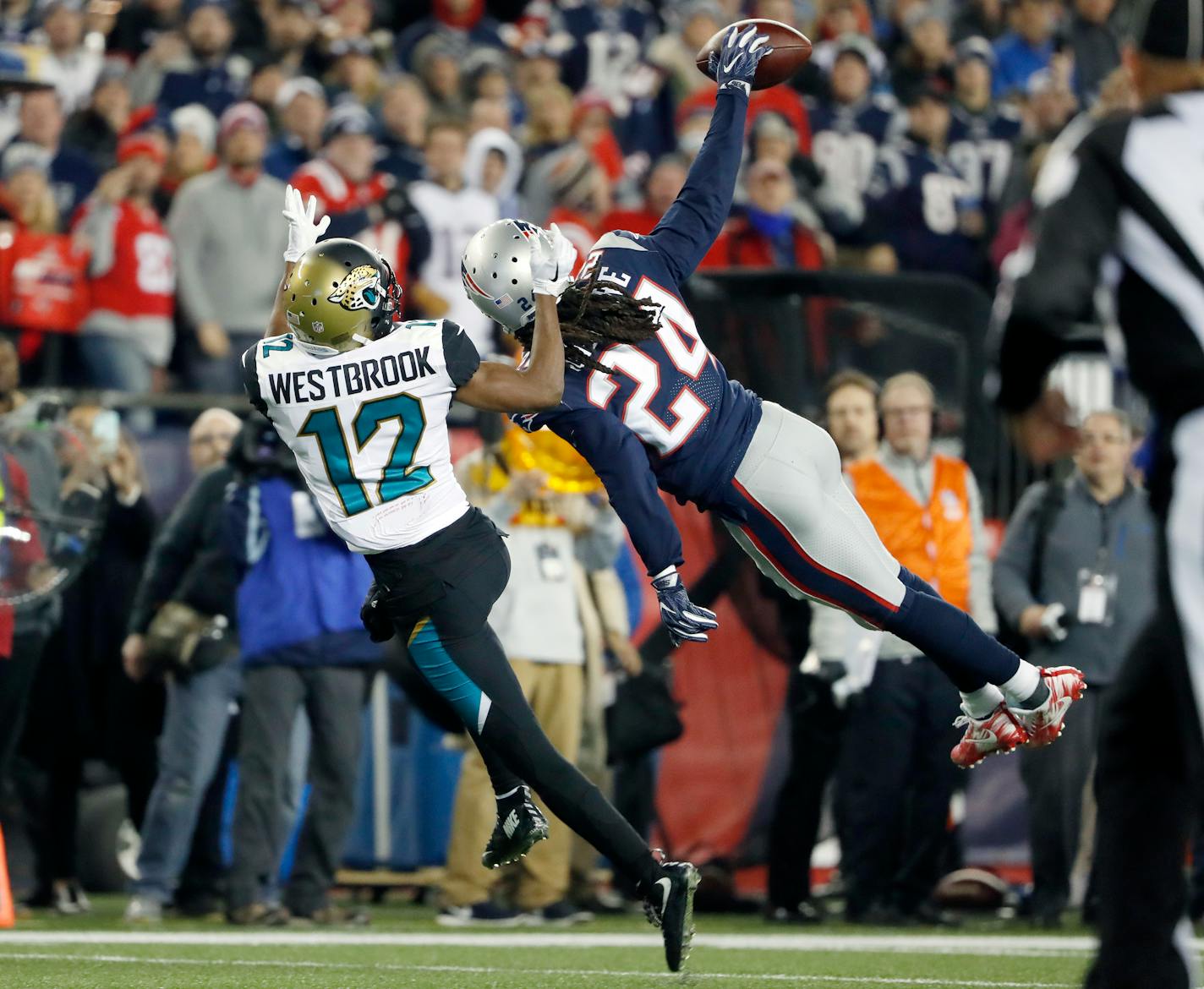 Patriots cornerback Stephon Gilmore broke up a pass intended for Jaguars receiver Dede Westbrook late in the second half of the AFC championship game, snuffing out the Jaguars' last chance at beating New England. Gilmore was signed as a free agent in the offseason for just such a play.