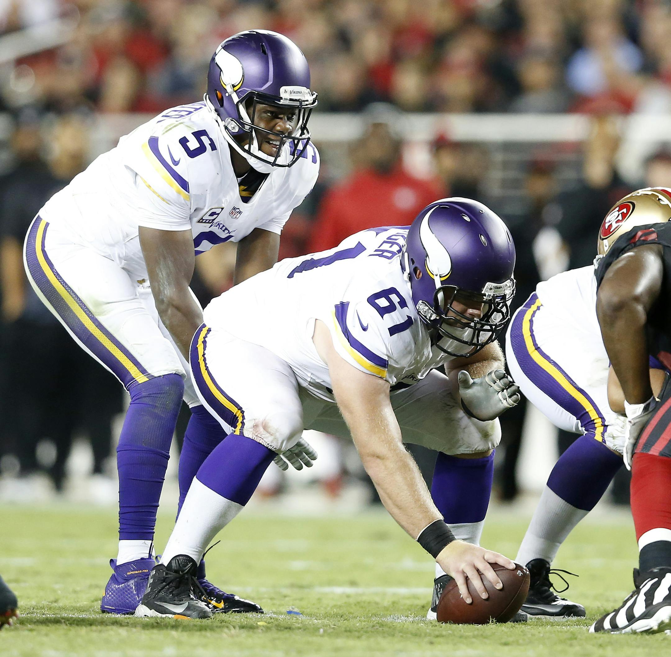 Minnesota Vikings quarterback Teddy Bridgewater (5) and center Joe Berger (61). ] CARLOS GONZALEZ cgonzalez@startribune.com - September 14, 2015, Levi's Stadium, Santa Clara, CA, NFL, Minnesota Vikings vs. San Francisco 49ers, Monday Night Football