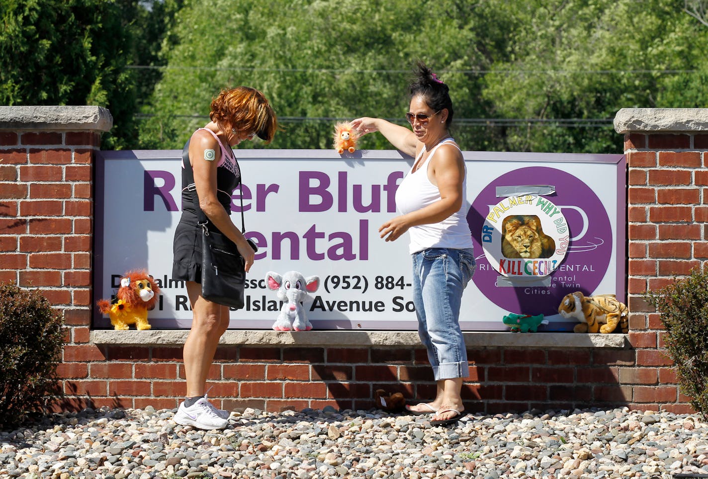 Women place stuffed animals on a sign outside Dr. Walter James Palmer's dental office in Bloomington, Minn., Wednesday, July 29, 2015. Palmer reportedly paid $50,000 to track and kill Cecil, a black-maned lion, just outside Hwange National Park in Zimbabwe. (AP Photo/Ann Heisenfelt)