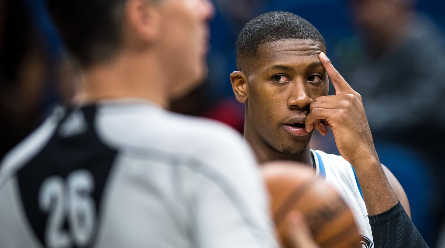 Minnesota Timberwolves guard Kris Dunn (3) looked on during a break in action in the fourth quarter Wednesday. ] (AARON LAVINSKY/STAR TRIBUNE) aaron.lavinsky@startribune.com The Minnesota Timberwolves played the Memphis Grizzlies in a preseason game on Wednesday, Oct. 19, 2016 at Target Center in Minneapolis, Minn.