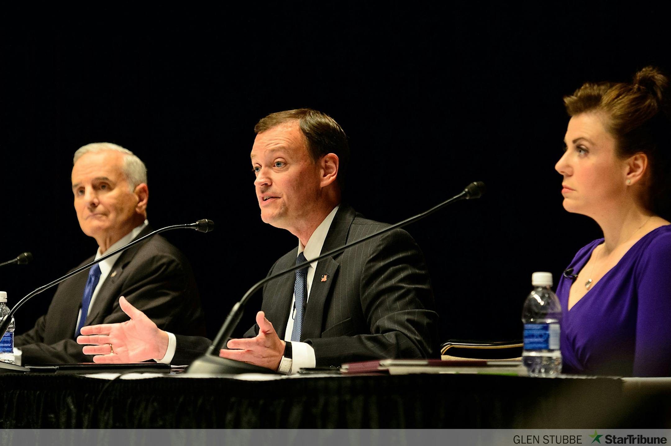 Minnesota candidates for Governor Gov. Mark Dayton (DFL), Jeff Johnson (GOP) and Hannah Nicollet (IP)  had their first debate Gubernatorial Debate Wednesday, October 1, 2014 at the Mayo Civic Center in Rochester, MN.  	    ]  Wednesday, October 1, 2014  GLEN STUBBE * gstubbe@startribune.com