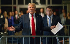 Former President Donald Trump speaks to the media outside of his trial at Manhattan Criminal Court, Tuesday, May 28, 2024, in New York. (Steven Hirsch