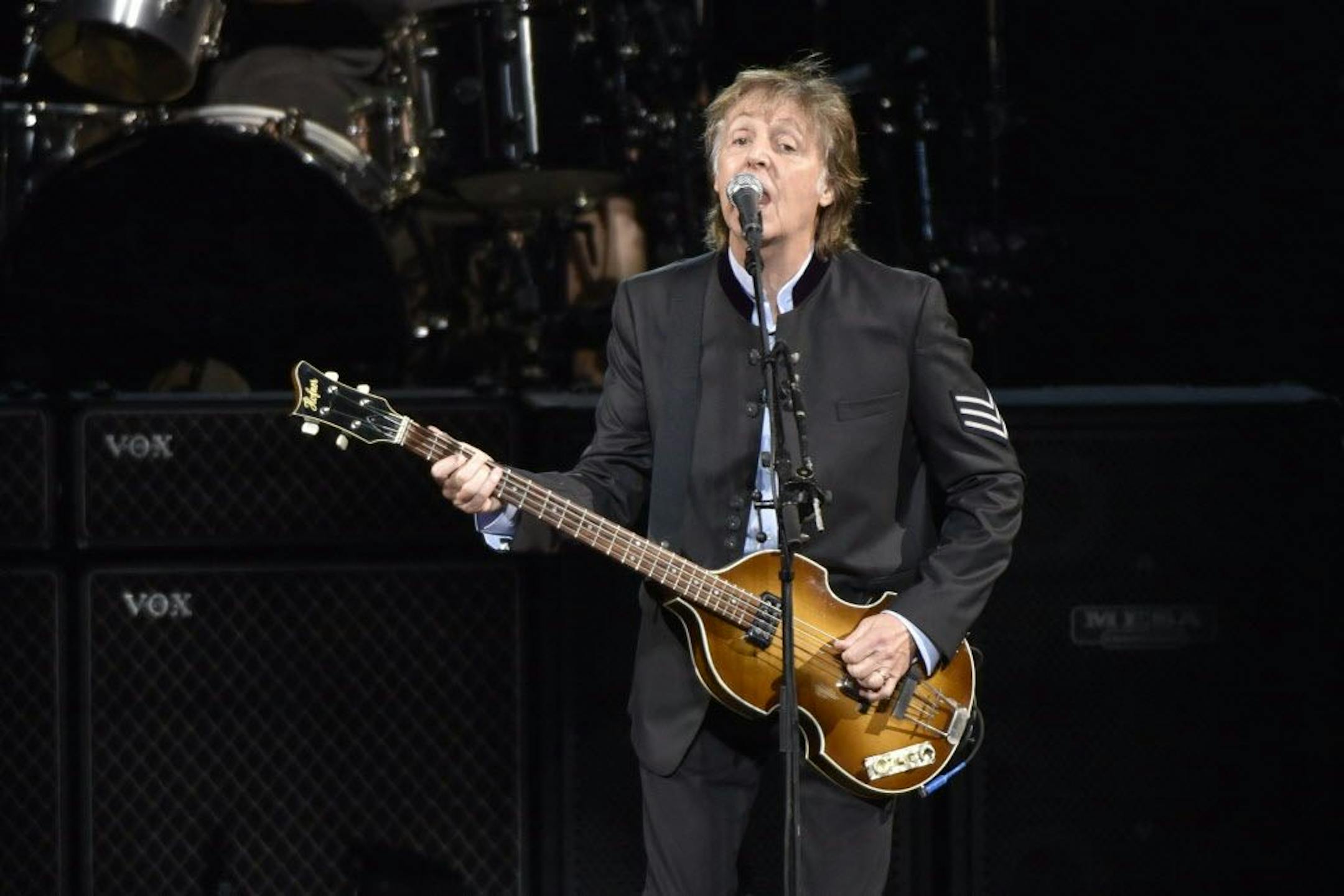 FILE - In this July 26, 2017 file photo, Paul McCartney performs on the One on One Tour at the Hollywood Casino Amphitheatre in Tinley Park, Ill. Commuters with tickets to ride out of New York's Grand Central Station heard a special serenade on Friday evening, Sept. 7, 2018, with McCartney taking over a corner of the majestic hub for a concert. It was a stunt to promote a new album called "Egypt Station."