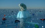 High resolution digital image depicting a single, sad, dirty polar bear, floating on a dwindling chunk of ice, in the center of vast ocean garbage pat