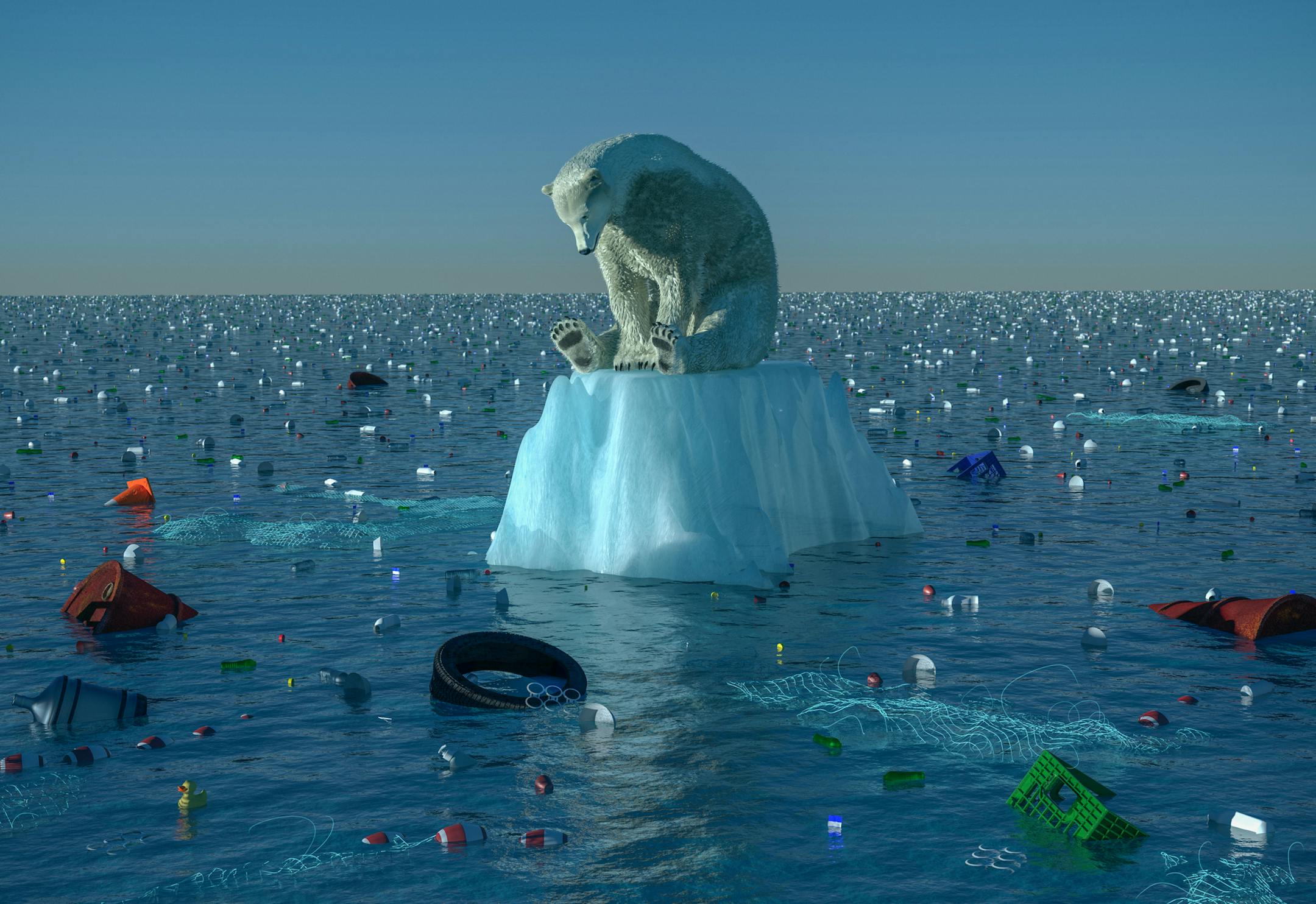 High resolution digital image depicting a single, sad, dirty polar bear, floating on a dwindling chunk of ice, in the center of vast ocean garbage patch. Image is intended to illustrate themes like environmental degredation, ocean pollution, habitat loss, global warming, and climate change in general.