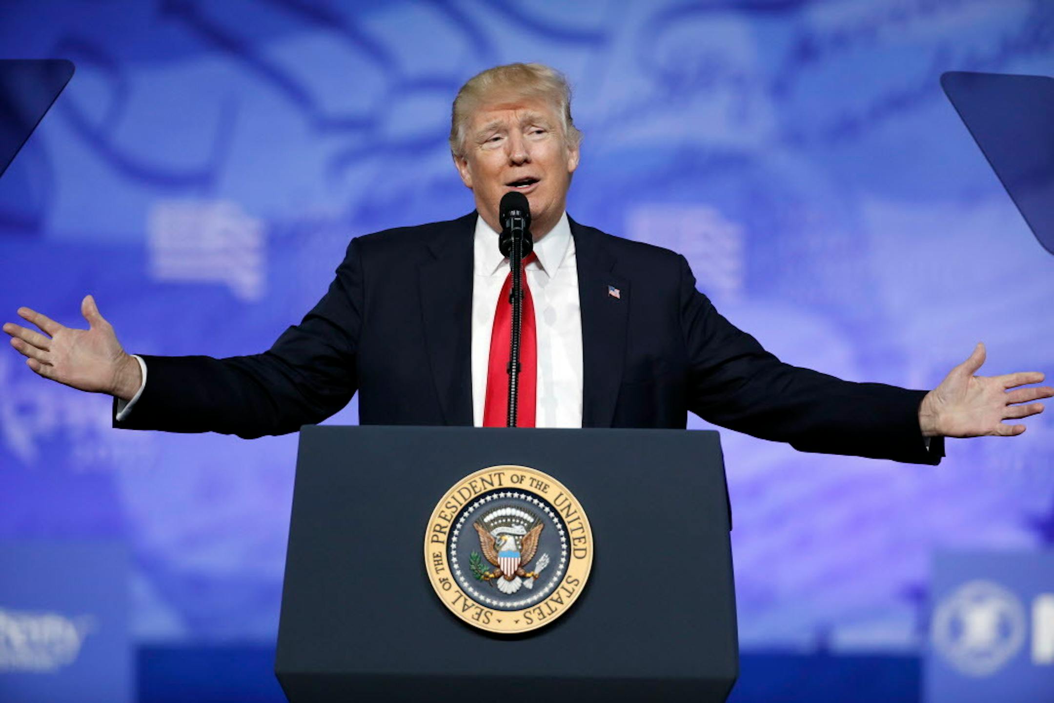 President Donald Trump speaks at the Conservative Political Action Conference (CPAC), Friday, Feb. 24, 2017, in Oxon Hill, Md. (AP Photo/Alex Brandon)