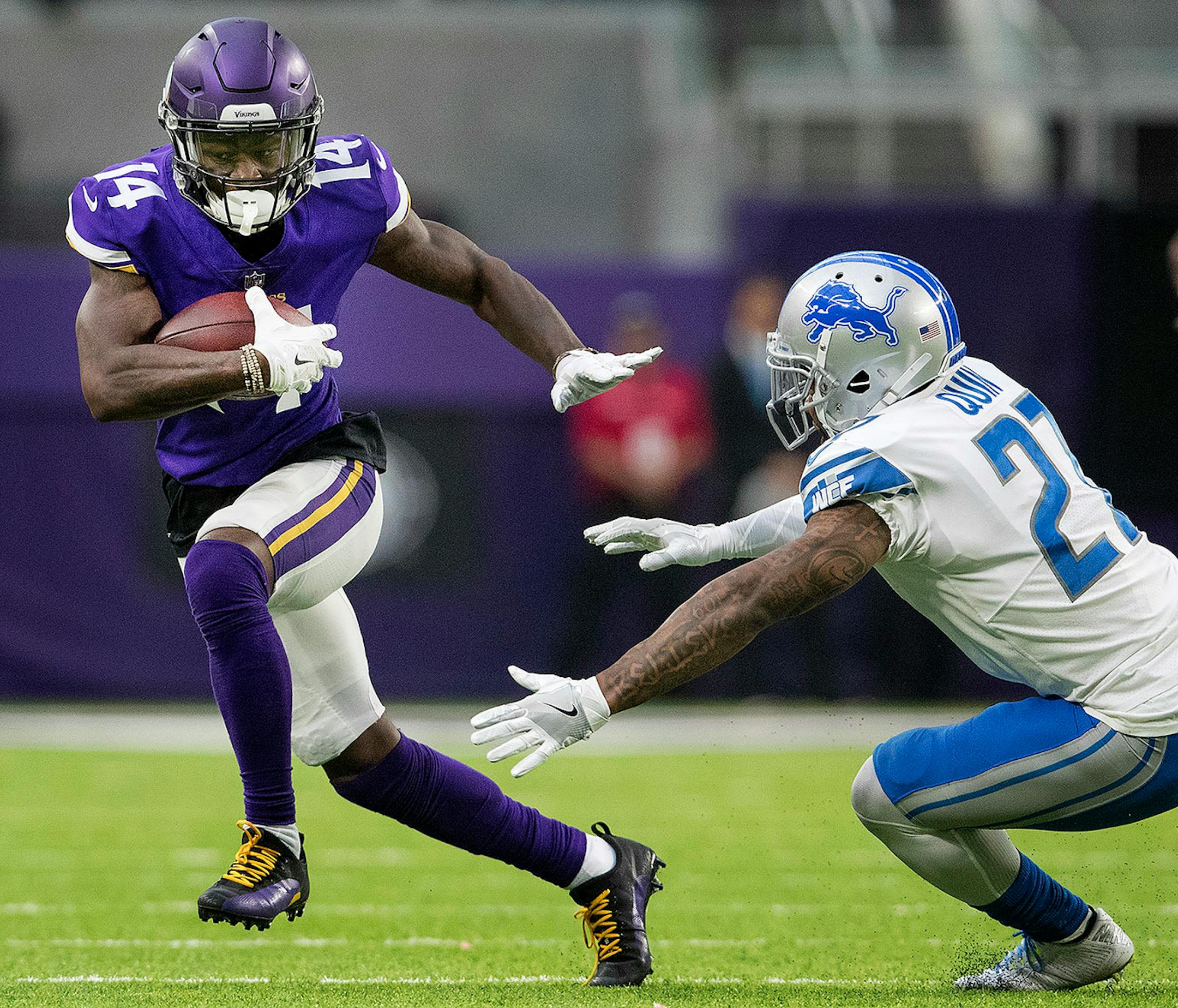 Minnesota Vikings receiver Stefon Diggs (14) during a reception the second quarter.