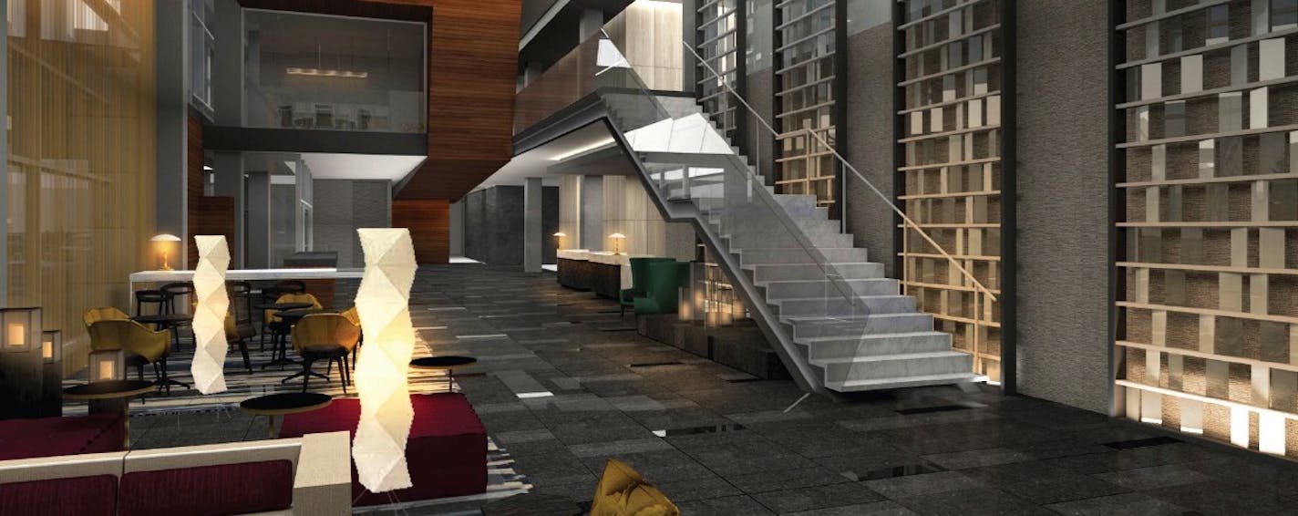 Renderings of the InterContinental's lobby. The hotel, under a 75-year lease, hopes to be open by the time Minneapolis hosts the 2018 Super Bowl.